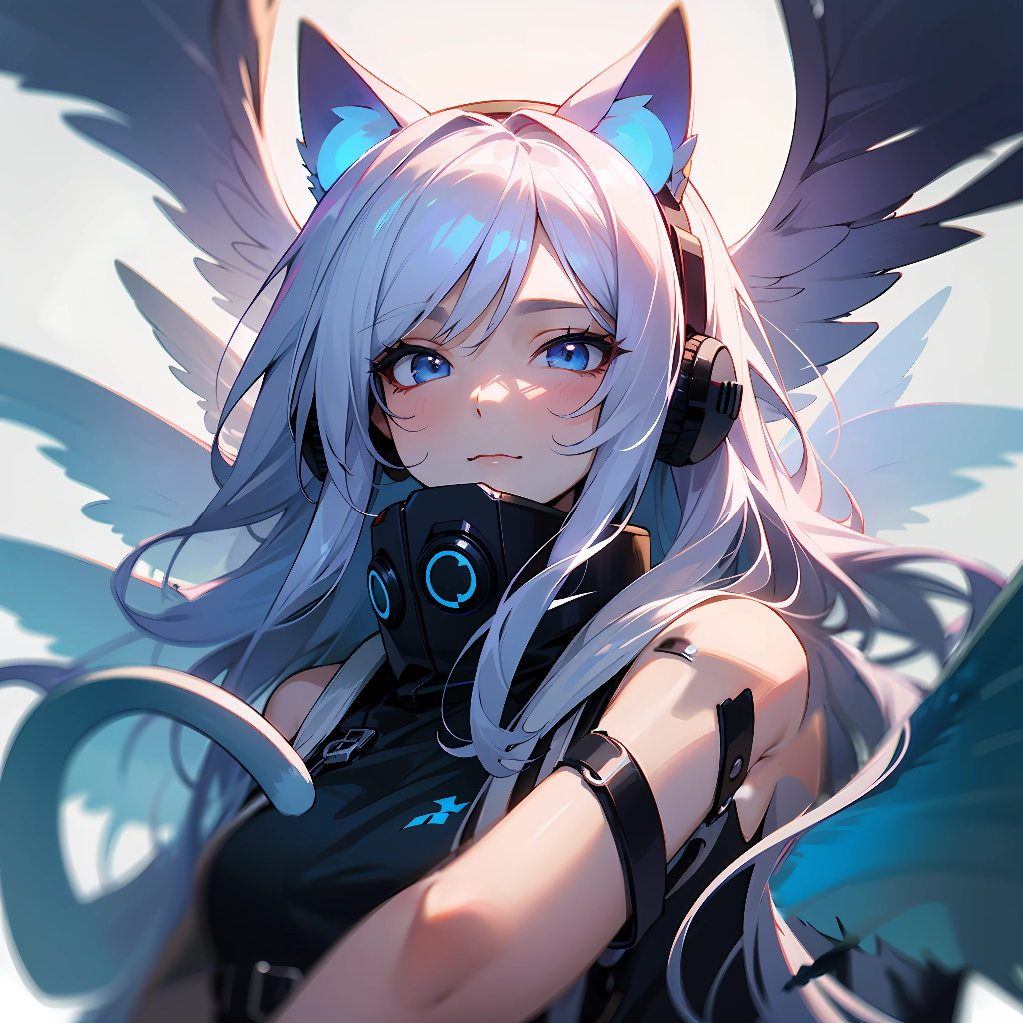 详细的脸,Deities,Very long cat tail,divino,Six wings((best qualtiy,8K,tmasterpiece:1.3))),Clear focus:1.2,Highly Detailed Face and Skin Textur,long white hair,eBlue eyes,Blue cat ears,Blue headphones,Overlooking --auto