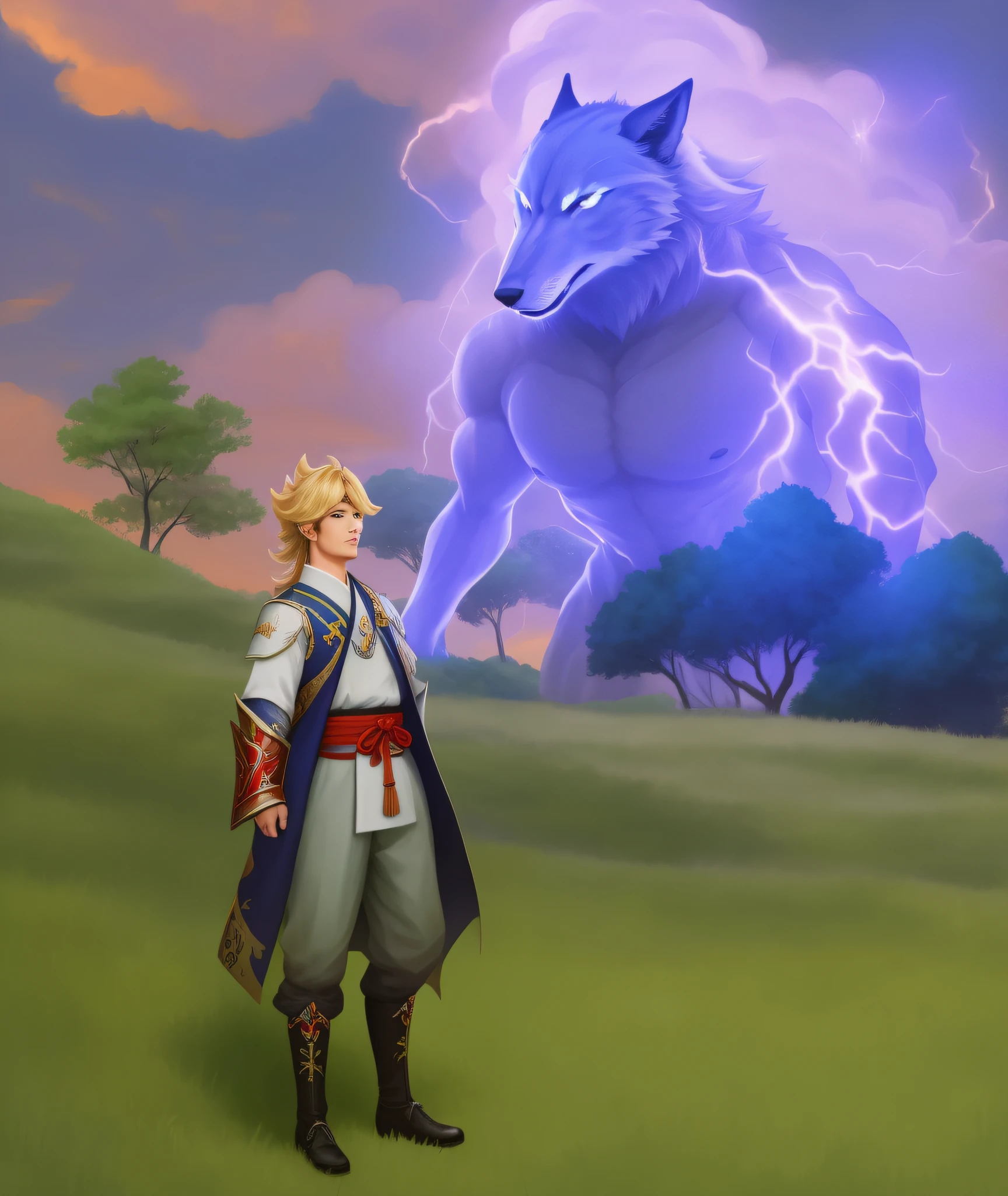 (Masterpiece), (Excellent), Best Quality, Masterpiece, (Granular clouds!), (Detailed trees in the background!), ((Detailed grass!)), Close-up of a person, standing in the field of, Video game Genshin Impact, Character Genshin Impact, Ayaka game Genshin Impact, Genshin Impact, Ethereal Wolf in the background, elemental guardian of life, Genshin Impact Style, genshin, Video game in the genre of role-playing game, A giant ethereal creature, The fusion of man and wolf, overcast sky, Clouds, Sunset,(Masterpiece), (Excellent), (Video Level Lighting 1.5), (Masterpiece), (Best Quality), Highly detailed