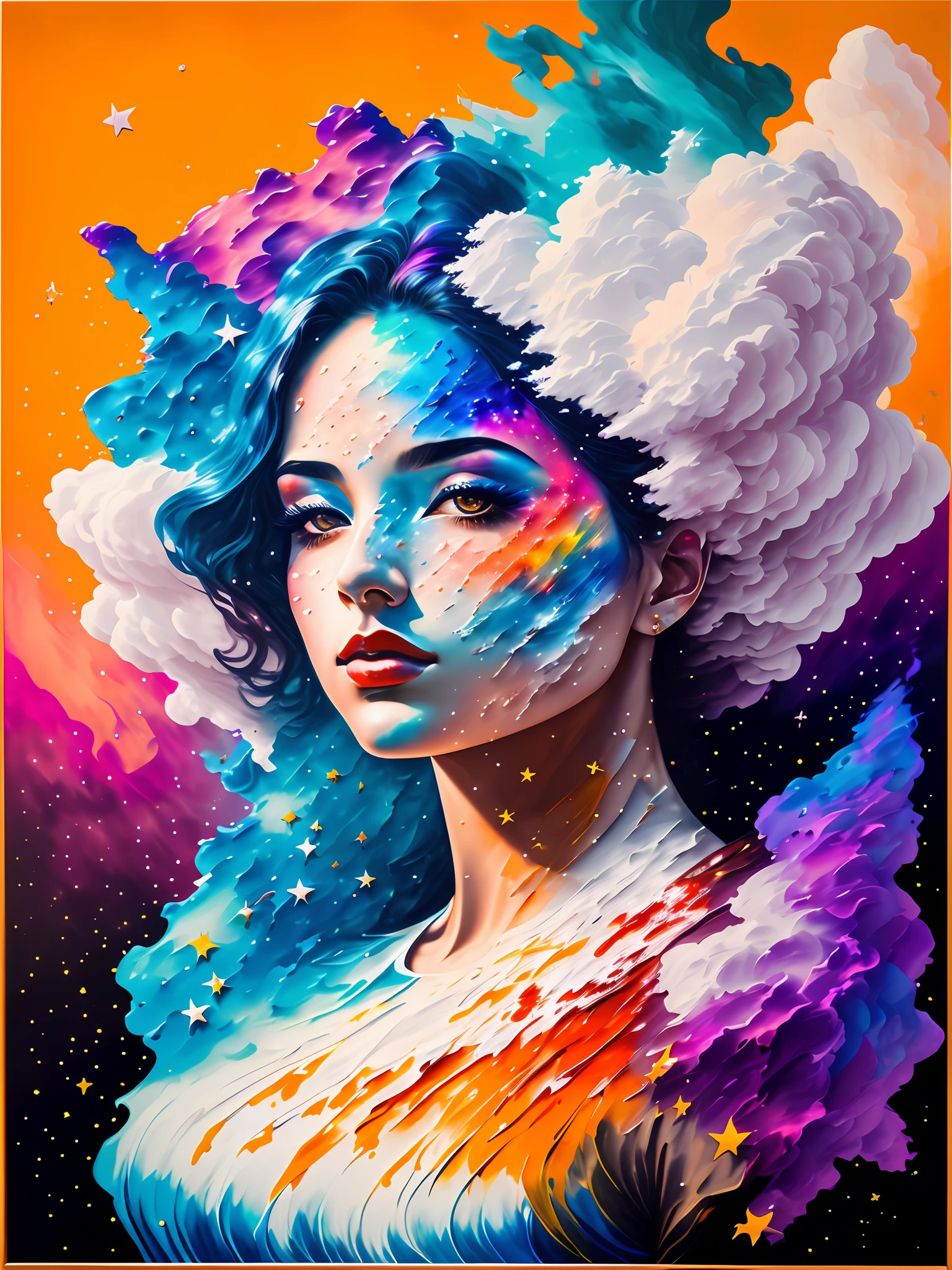 woman made of clouds, cloud body, stars background, stunningly beautiful, masterpiece, detailed background, (upper body portrait:1.1), celestial background, ultra high quality model, ethereal background, abstract beauty, explosive volumetric, oil painting, heavy strokes, paint dripping, volumetric clouds, iridescent stars, sunset,