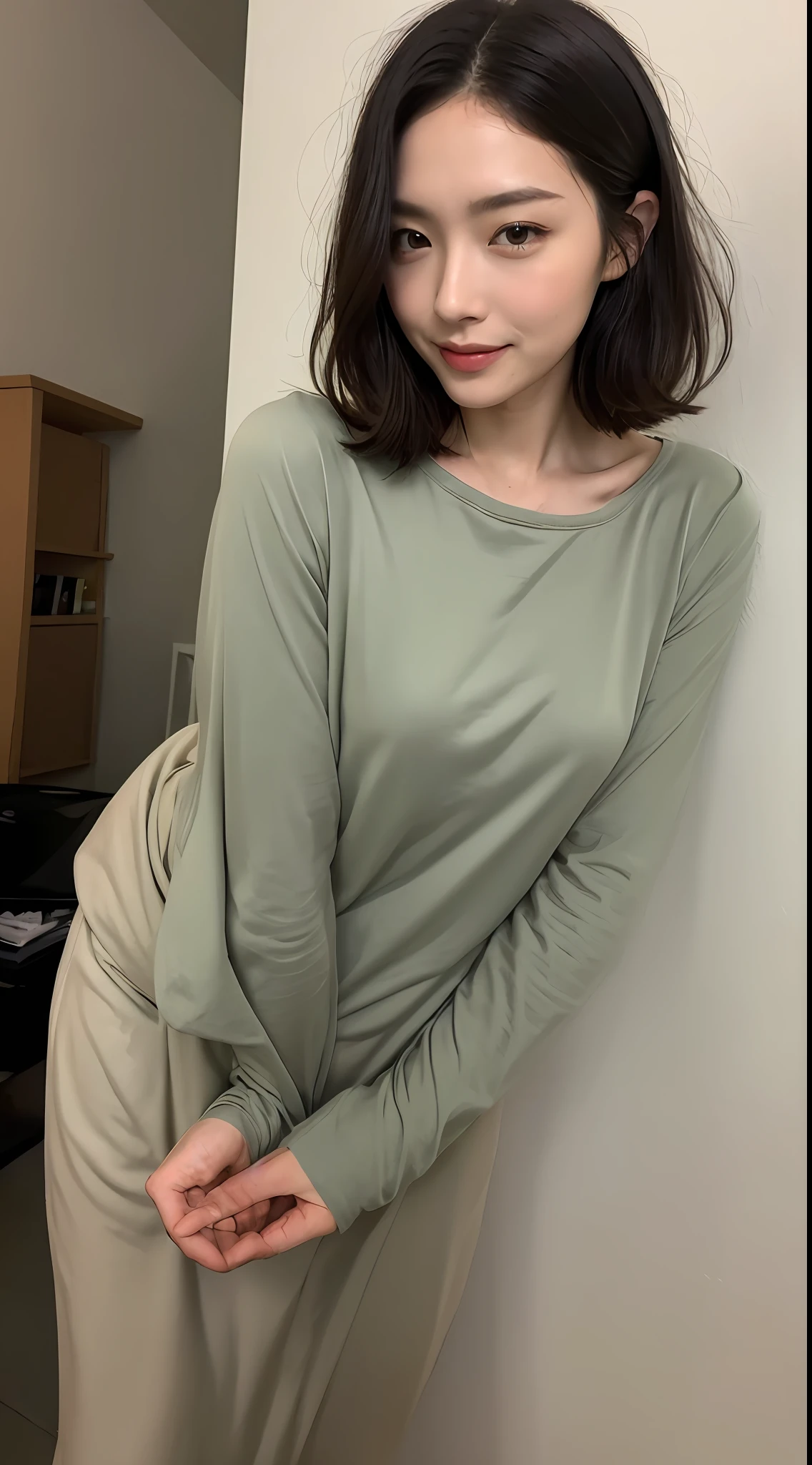 ((top-quality、8K、masterpiece:1.3))、japanes、1girl in、Slim Abs Beauty:1.3、(Hairstyle Casual、Just the right:1.2)、The shirt:1.1、Super fine face、Delicat eyes、二重まぶた、A smile、Home、(masuter piece:1.3)、(8K、Photorealsitic、Raw photography、top-quality: 1.4)、(1girl in)、beautiful countenance、(Lifelike face)、(A dark-haired、short-hair:1.3)、Beautiful hairstyle、realisticeyes、Beautiful details、(real looking skin)、Beautiful skins、absurderes、enticing、超A high resolution、A hyper-realistic、high-detail、the golden ratio