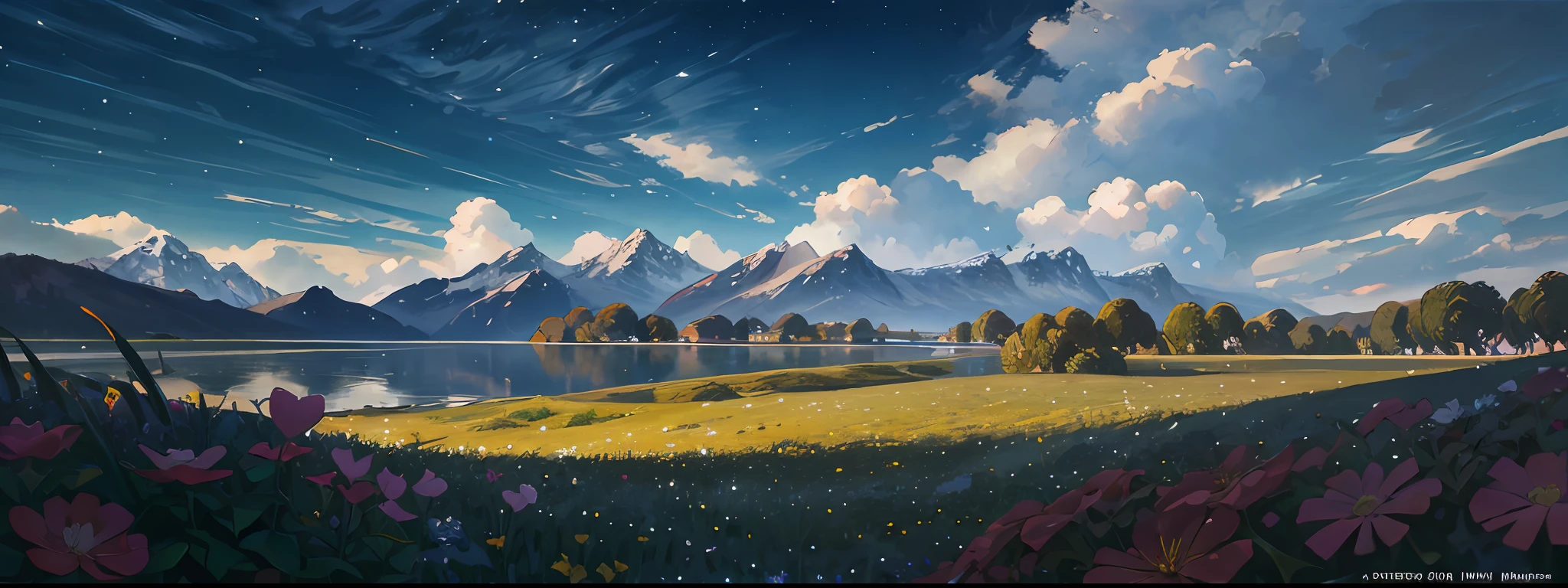 Painting, dusk, van gogh, summer, meadows, few small flowers, clear lakes, sheep, heaven, large clouds, blue sky, hot weather, HD detail, wet watermark, hyper-detail, cinematic, surrealism, soft light, deep field focus bokeh, distant view is snowy mountains, ray tracing, and surrealism. --v6
