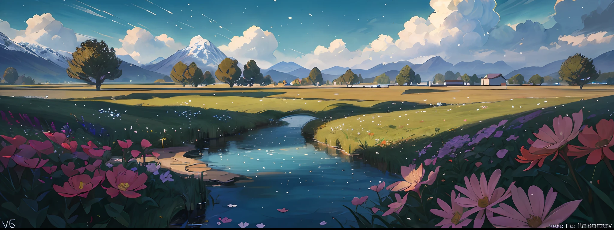 Painting, dusk, van gogh, summer, meadows, few small flowers, clear lakes, sheep, heaven, large clouds, blue sky, hot weather, HD detail, wet watermark, hyper-detail, cinematic, surrealism, soft light, deep field focus bokeh, distant view is snowy mountains, ray tracing, and surrealism. --v6