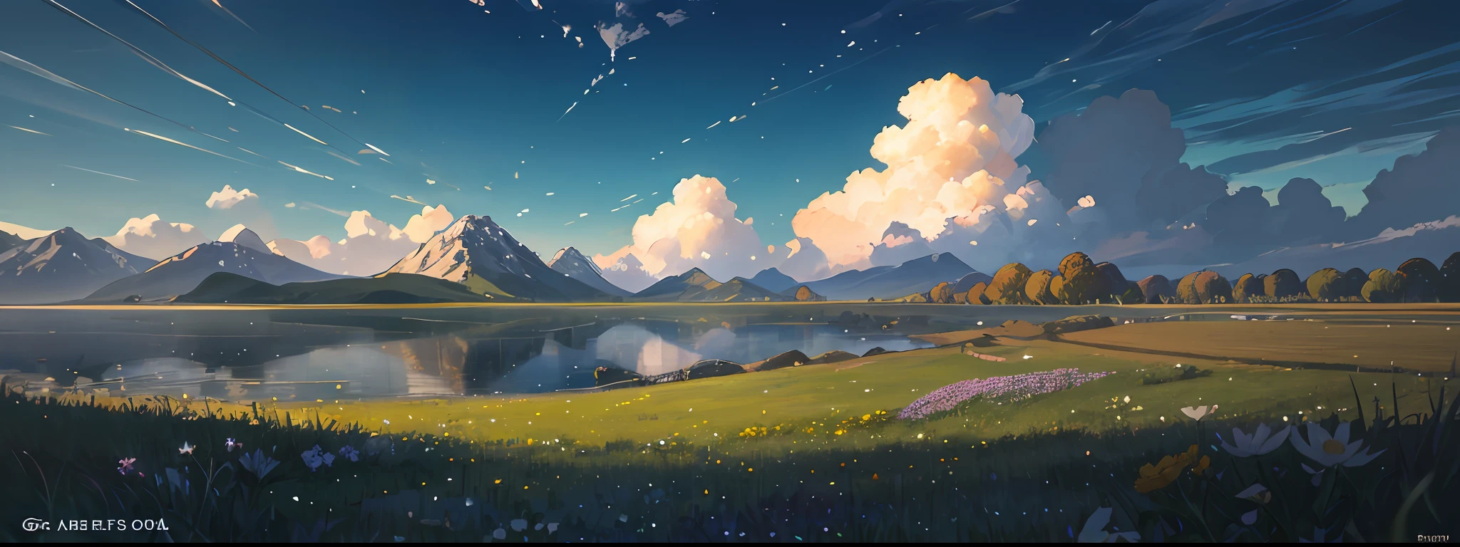 Painting, dusk, van gogh, summer, meadows, few small flowers, clear lakes, sheep, heaven, large clouds, blue sky, hot weather, HD detail, wet watermark, hyper-detail, cinematic, surrealism, soft light, deep field focus bokeh, distant view is snowy mountains, ray tracing, and surrealism. --v6