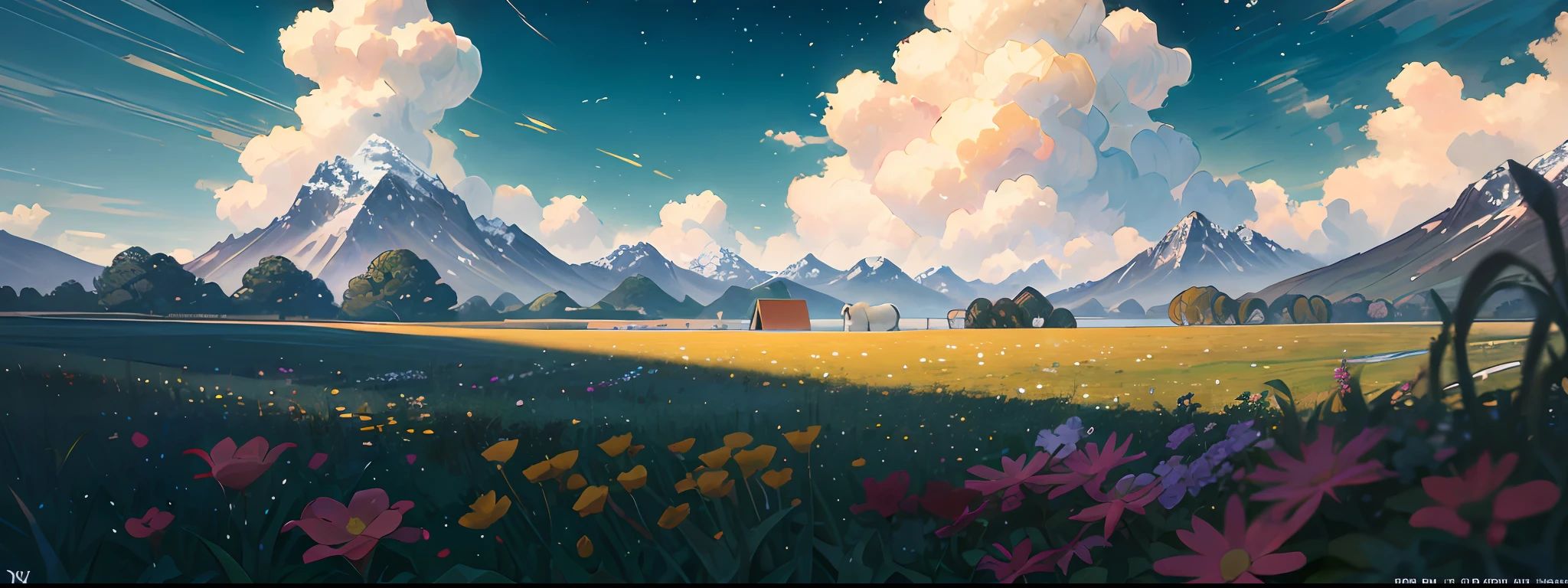 Painting, dusk, van gogh, summer, meadows, few small flowers, clear lakes, sheep, heaven, large clouds, blue sky, hot weather, HD detail, wet watermark, hyper-detail, cinematic, surrealism, soft light, deep field focus bokeh, distant view is snowy mountains, ray tracing, and surrealism. --v6