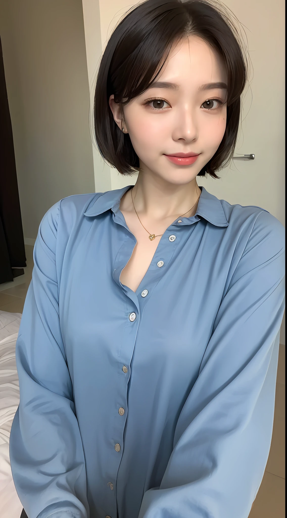 ((top-quality、8K、​masterpiece:1.3))、japanes、1girl in、Slim Abs Beauty:1.3、(Hairstyle Casual、Just the right:1.2)、The shirt:1.1、Super fine face、Delicat eyes、二重まぶた、A smile、Home、(masuter piece:1.3)、(8K、Photorealsitic、Raw photography、top-quality: 1.4)、(1girl in)、beautiful countenance、(Lifelike face)、(A dark-haired、short-hair:1.3)、Beautiful hairstyle、realisticeyes、Beautiful details、（real looking skin）、Beautiful skins、absurderes、enticing、超A high resolution、A hyper-realistic、high-detail、the golden ratio