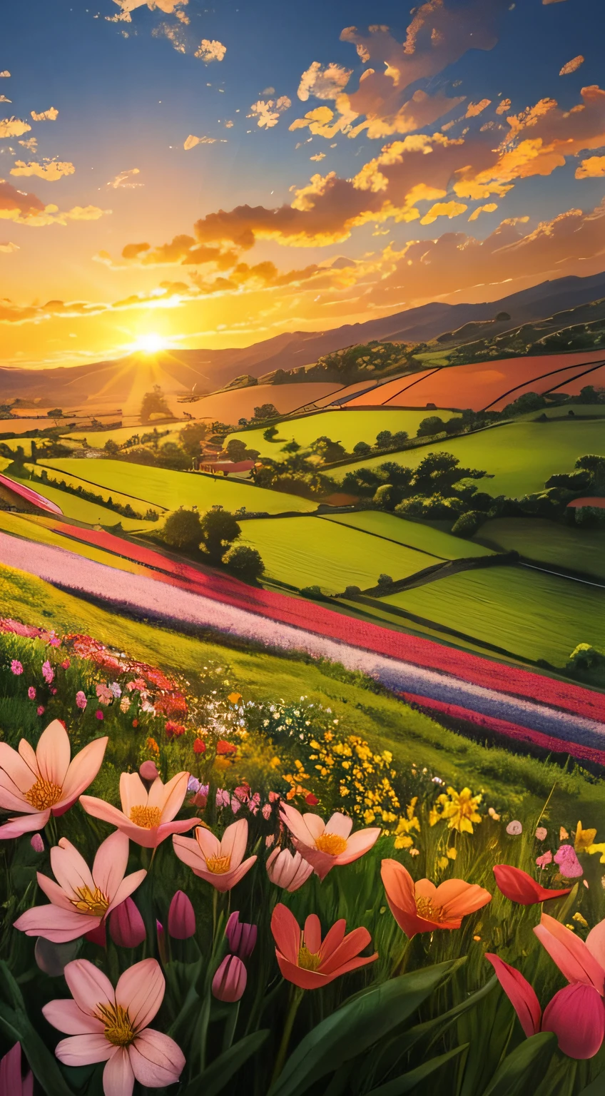 We return to the countryside of the introduction, But now the scenery is filled with colorful flowers in full bloom, symbolizing the blossoming of the seeds of hope. The scene is accompanied by a golden sunset and a gentle breeze that brings a sense of freedom and peace. --auto