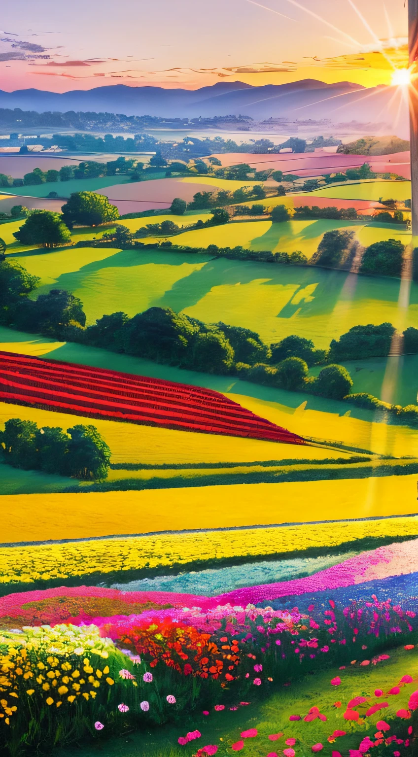 We return to the countryside of the introduction, But now the scenery is filled with colorful flowers in full bloom, symbolizing the blossoming of the seeds of hope. The scene is accompanied by a golden sunset and a gentle breeze that brings a sense of freedom and peace. --auto