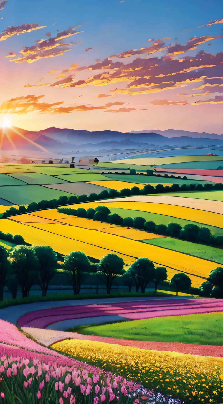 We return to the countryside of the introduction, But now the scenery is filled with colorful flowers in full bloom, symbolizing the blossoming of the seeds of hope. The scene is accompanied by a golden sunset and a gentle breeze that brings a sense of freedom and peace. --auto