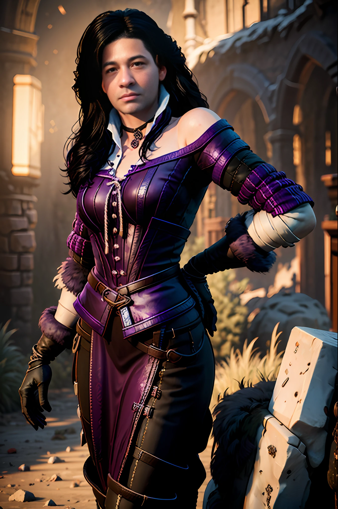 A half body shot of yennefer wearing a purple dress  in the style of y3nn3f3r