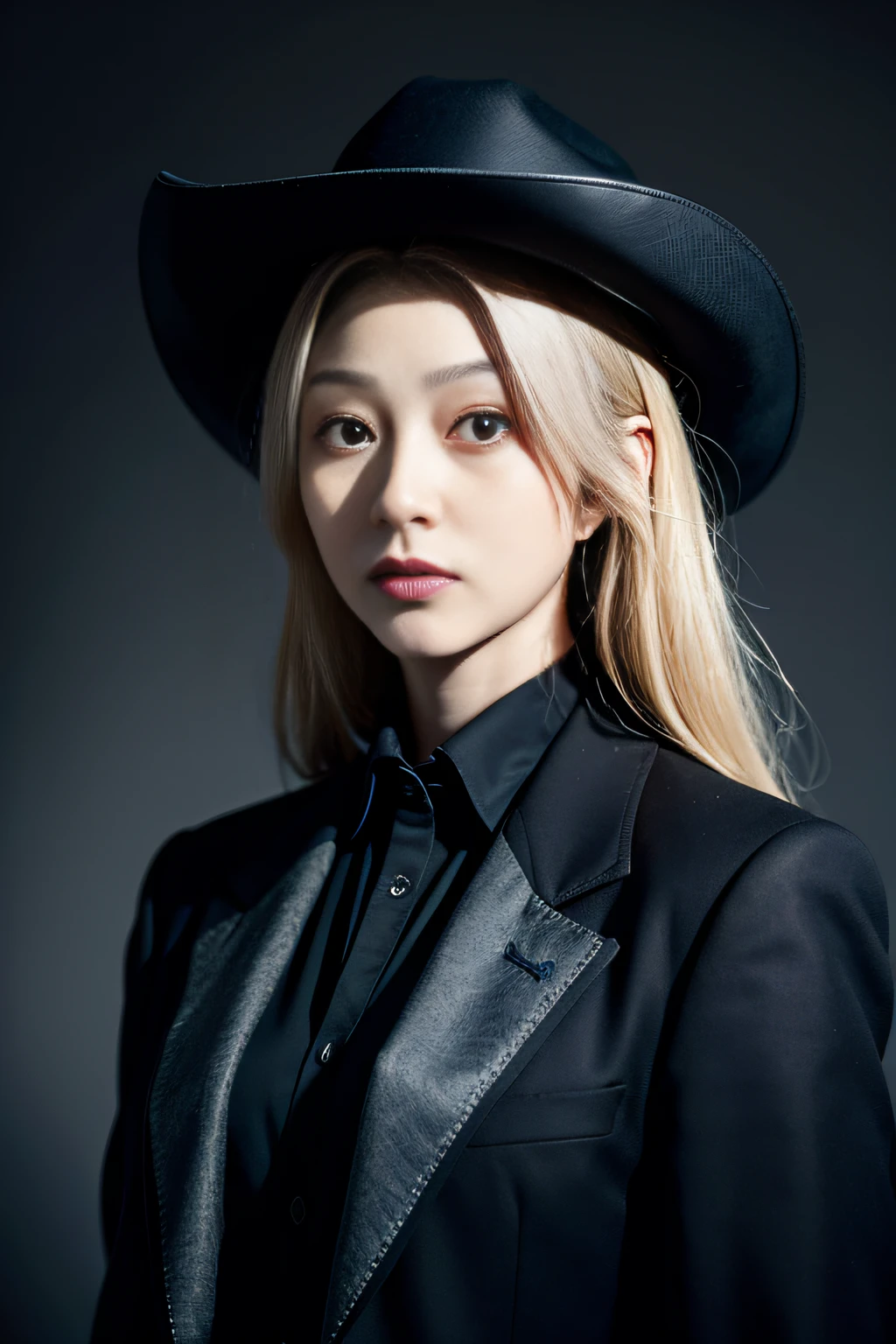 Best quality, masterpiece, ultra high res, (photorealistic:1.4), raw photo, 1girl, blonde hair, blue eyes, detailed eyes and face, black suit, dynamic lighting, in the dark, deep shadow, low key, cowboy shot full-lenght body