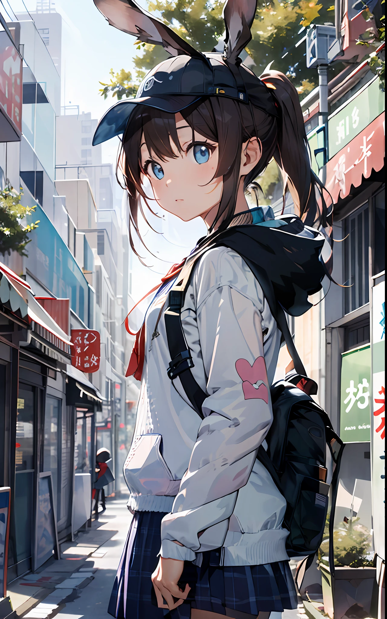 1girl, animal ears, rabbit ears, straight-on, upper body, looking at viewer, brown hair, ponytail, expressionless, badge, bangs, blue baseball cap, detailed eyes, clothes writing, white clothes, hood, hood down, standing, long sleeves, closed mouth, (blue skirt:1.05), solo, (light blush:0.9), bare tree, building, city, cityscape, day, outdoors, street, tokyo \(city\), tree