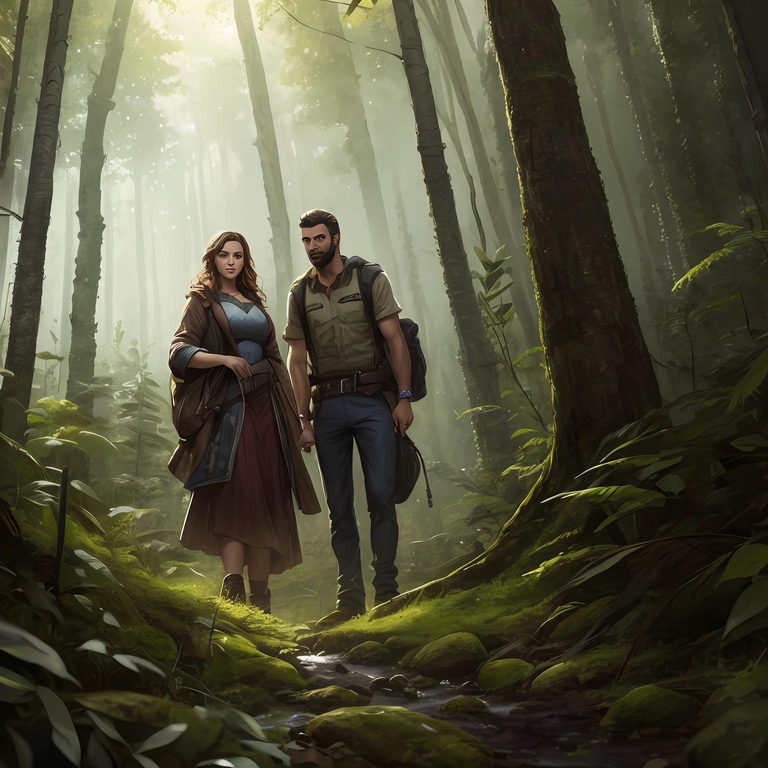 um casal, homem e mulher, with a panicked expression, olhando para o lado, muito assustado, em uma floresta densa, altamente detalhado , pintura digital , art-station , arte conceitual , foco nítido , 8k, Pixart