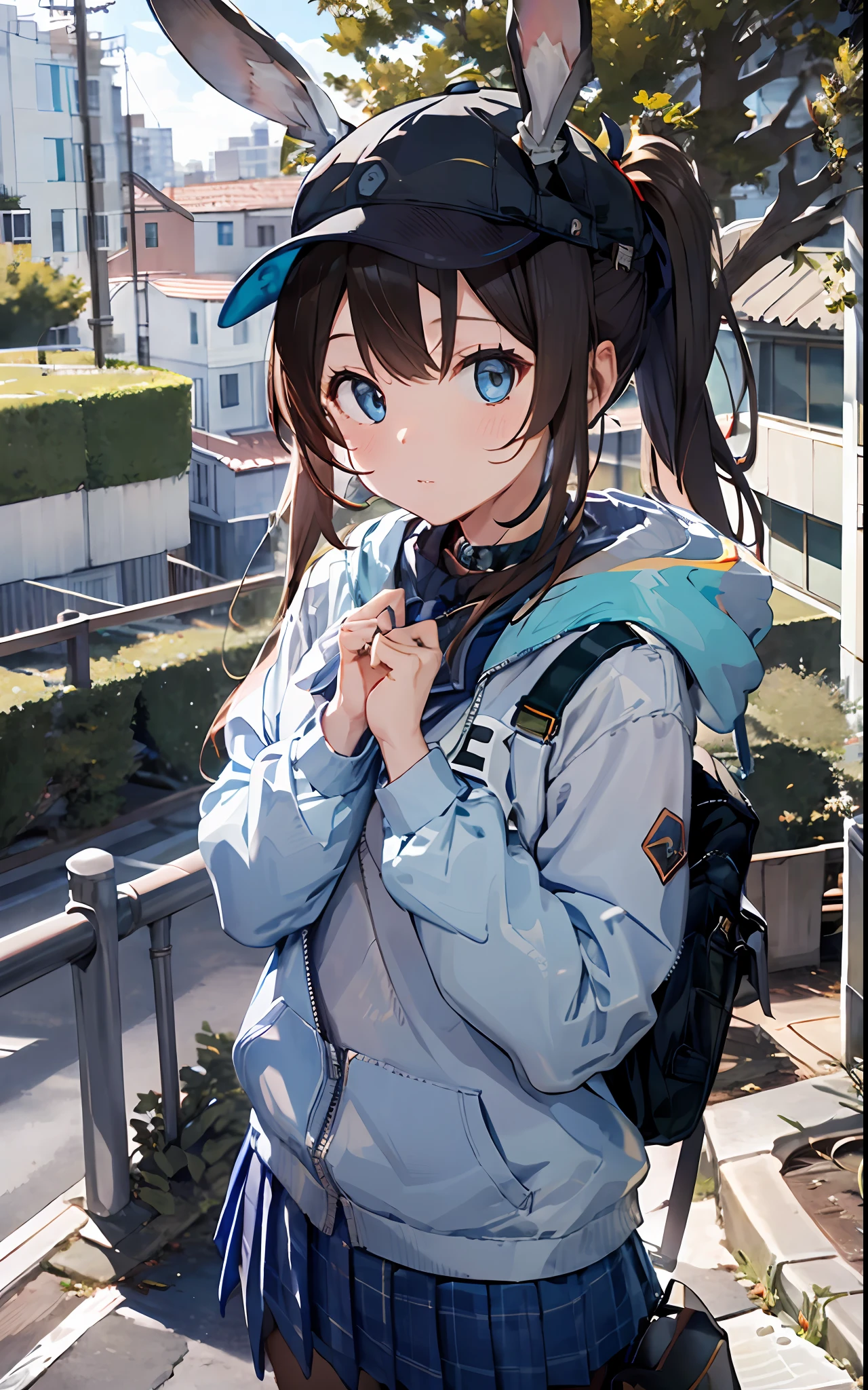 1girl, animal ears, rabbit ears, straight-on, upper body, looking at viewer, brown hair, ponytail, expressionless, badge, bangs, blue baseball cap, detailed eyes, clothes writing, white clothes, hood, hood down, standing, long sleeves, closed mouth, (blue skirt:1.05), solo, (light blush:0.9), bare tree, building, city, cityscape, day, outdoors, street, tokyo \(city\), tree