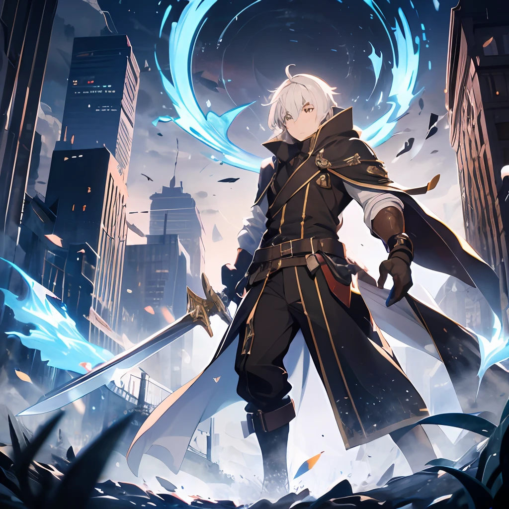 (absurdres, highres, ultra detailed), masterpiece, best quality, a man in a black outfit wielding a duel-swords, with large sword, a swords surrounded by blue flame, official character art, very short hair, white hair, vibrant red eye, finely eye, detailed face, detailed hair, ruined city, dark background, full body view, spark, vortex, swirl, celestial, from below, look down, cowboy shot,