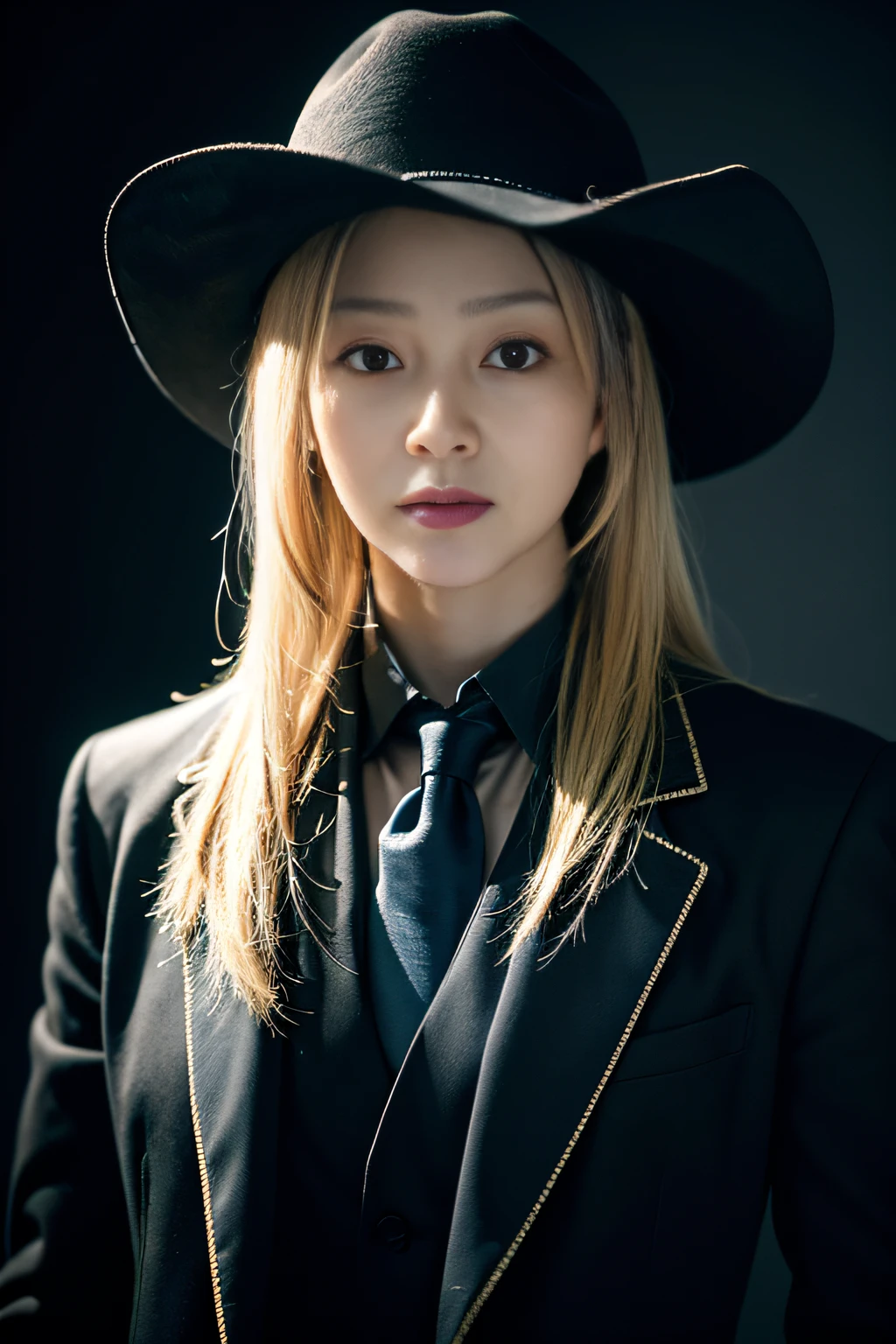 Best quality, masterpiece, ultra high res, (photorealistic:1.4), raw photo, 1girl, blonde hair, blue eyes, detailed eyes and face, black suit, dynamic lighting, in the dark, deep shadow, low key, cowboy shot full-lenght body