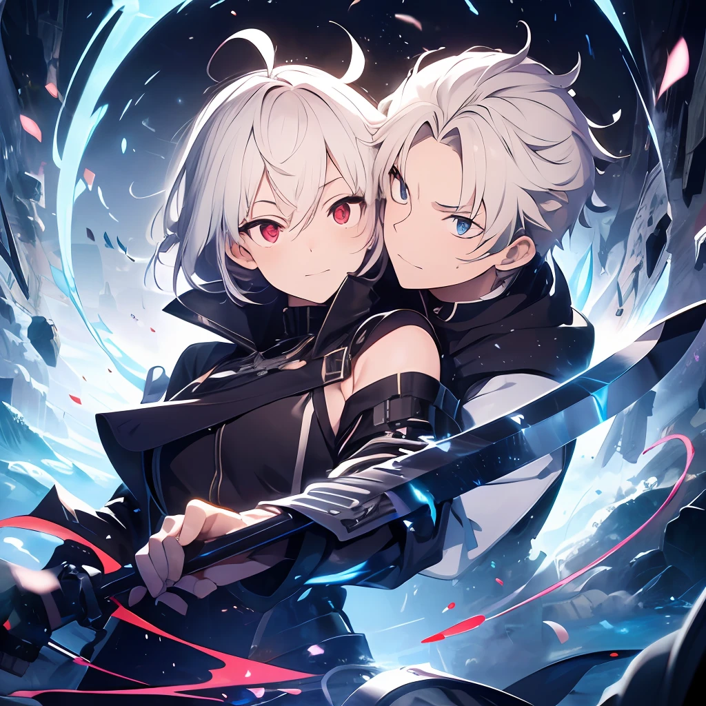 (absurdres, highres, ultra detailed), masterpiece, best quality, a man in a black outfit wielding a duel-swords, with large sword, a swords surrounded by blue flame, official character art, very short hair, white hair, vibrant red eye, finely eye, detailed face, detailed hair, ruined city, dark background, full body view, spark, vortex, swirl, celestial, from below, look down, cowboy shot,
