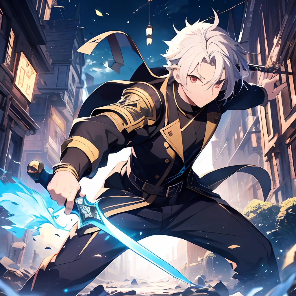 (absurdres, highres, ultra detailed), masterpiece, best quality, a man in a black outfit wielding a duel-swords, with large sword, a swords surrounded by blue flame, official character art, very short hair, white hair, vibrant red eye, finely eye, detailed face, detailed hair, ruined city, dark background, full body view, spark, vortex, swirl, celestial, from below, look down, cowboy shot,