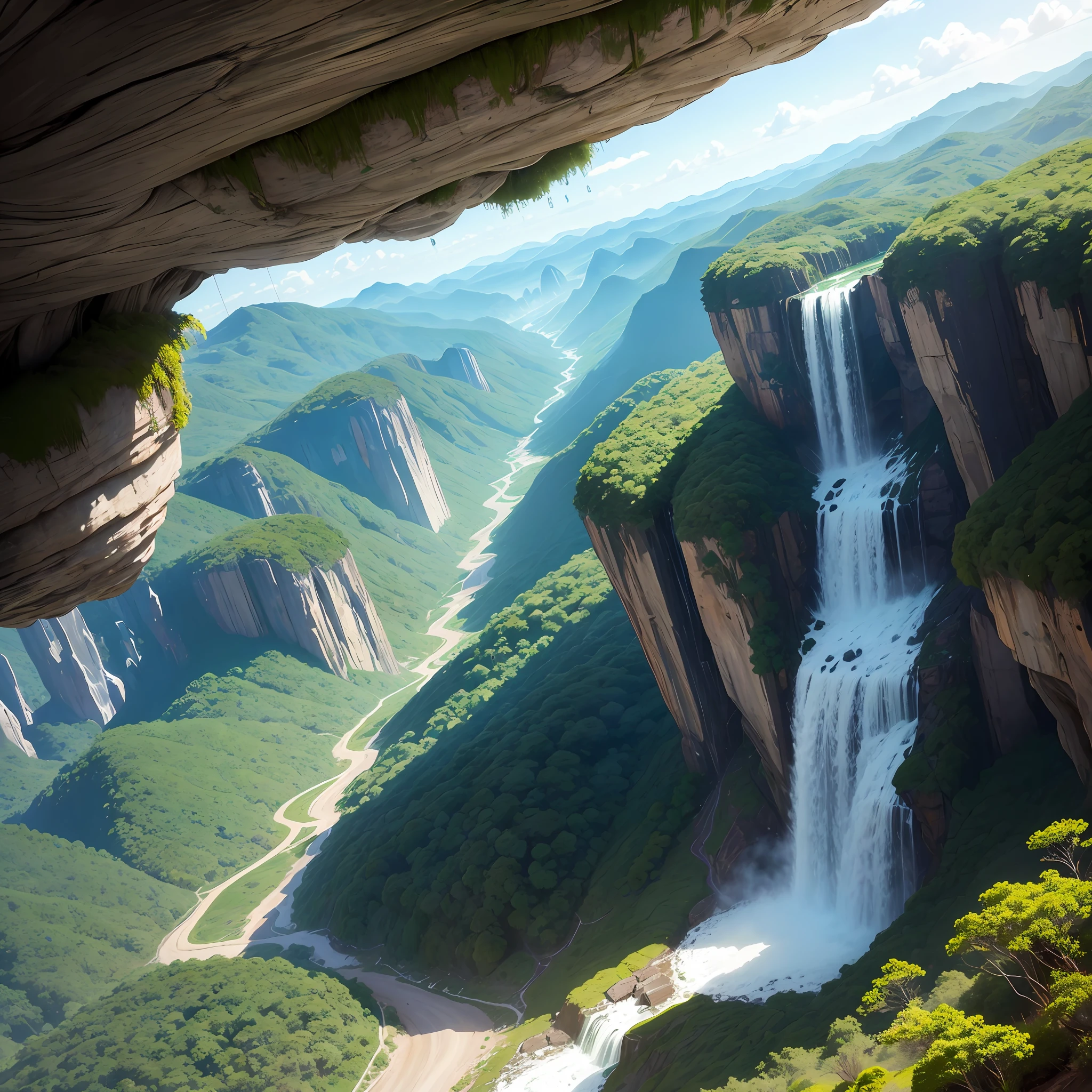 paisagem muito realista do alto de uma serra com varias arvores, matos, ceu azul e cachoeira ultra realista