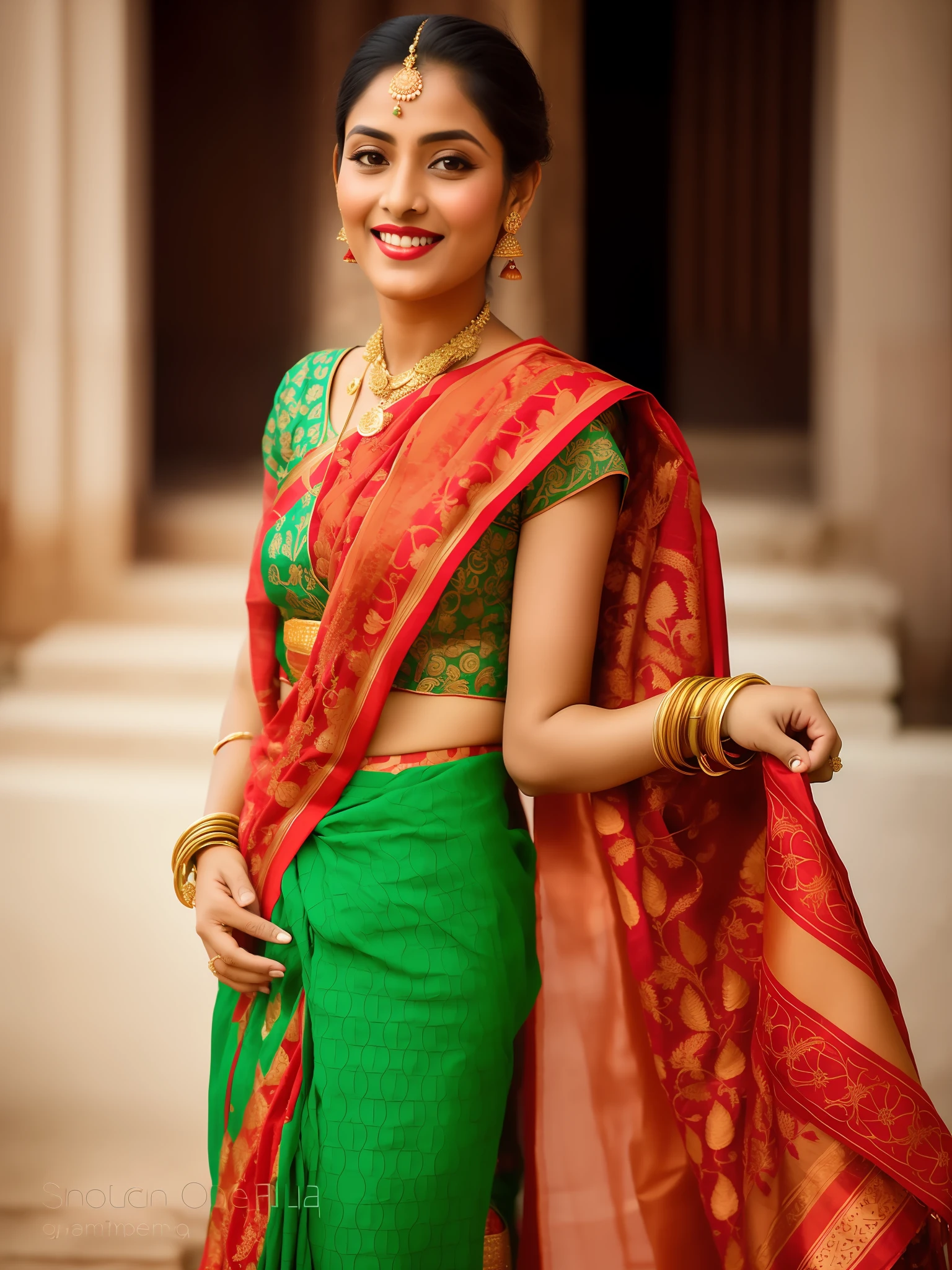 woman in a traditional sari with a red shawl, traditional beauty, dressed in a sari, indian dress, wearing sari, dramatic smile pose intricate, indian style, wearing a sari, indian, very beautiful enga style, sari, wearing traditional garb, traditional clothing, traditional dress, coy expression wearing intricate, traditional clothes, sukhothai costume