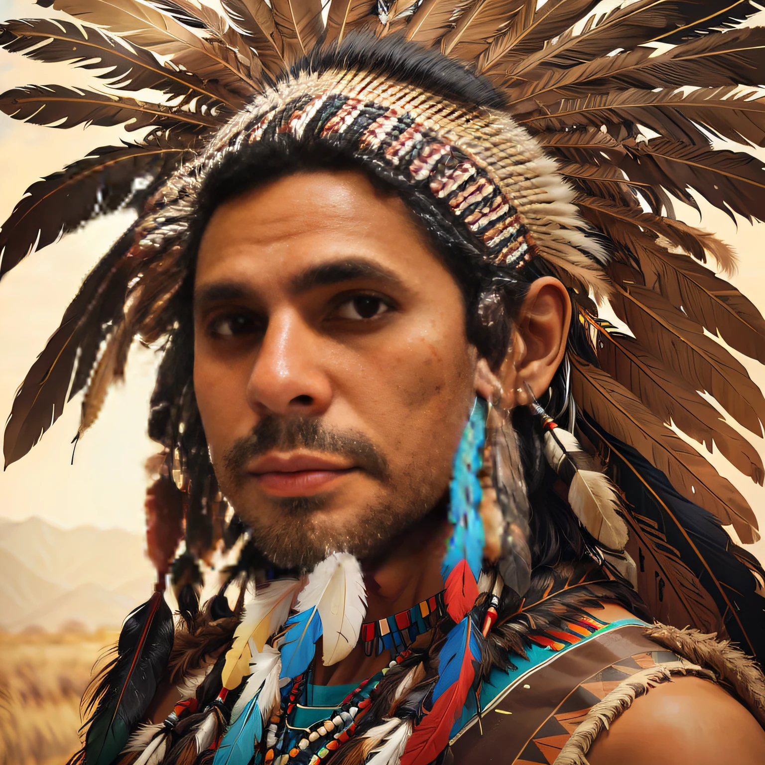 indigenous man, Apache, eagle feather, usando uma gargantilha nativa americana,