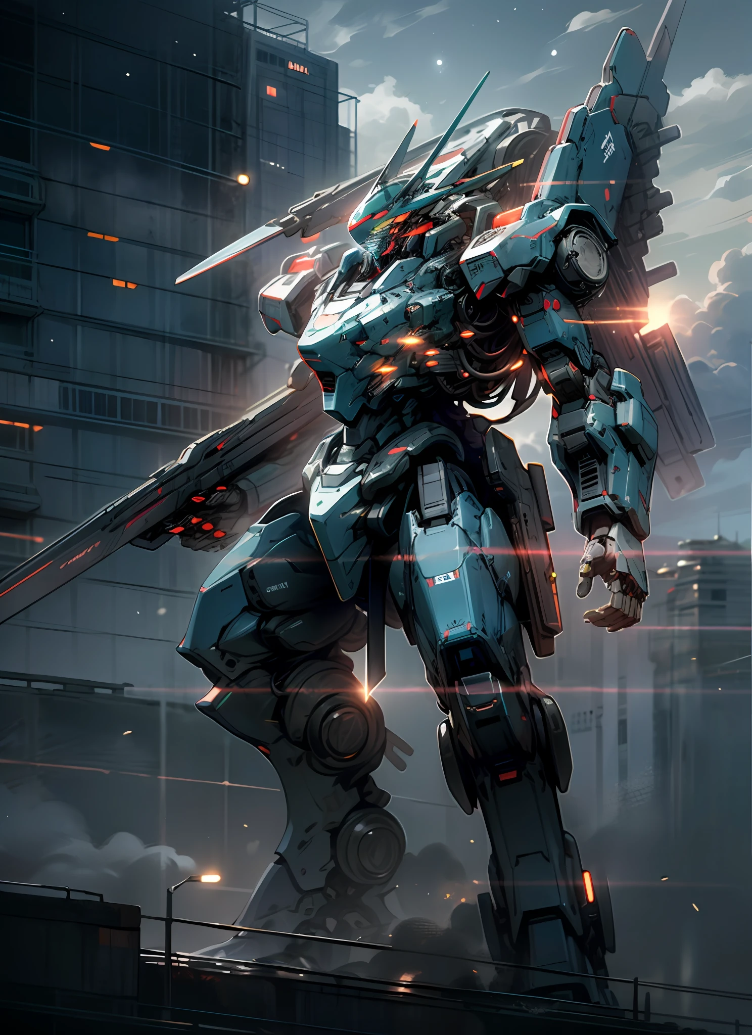 sky, cloud, holding_weapon, no_humans, glowing, , robot, building, glowing_eyes, mecha, science_fiction, city, realistic,mecha, Dark color, Neon, Night Time , Galaxy