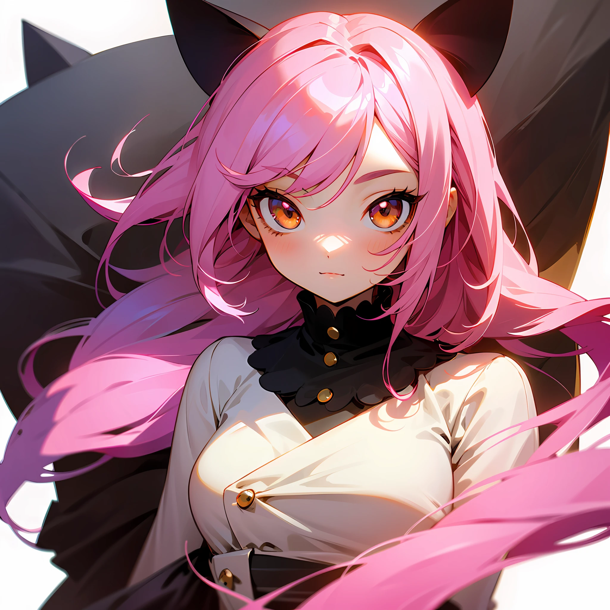masterpiece, detailed, soft lighting, 1 girl, goth cat with long pink hair, chibi brown eyes, white background, simple background --auto
