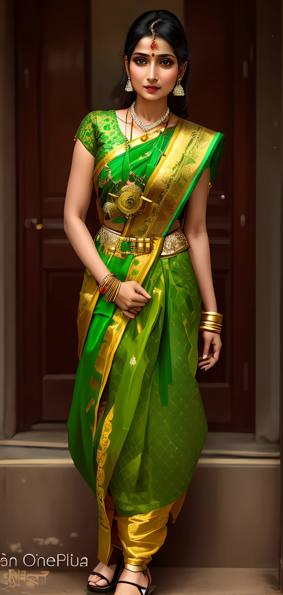 a woman in a traditional indian dress poses for a picture, dressed in a sari, wearing a sari, traditional beauty, indian dress, sari, wearing a steampunk sari, wearing bihu dress mekhela sador, indian style, very beautiful enga style, wearing an elegant tribal outfit, wearing elaborate green and gold, traditional dress, traditional, indian goddess