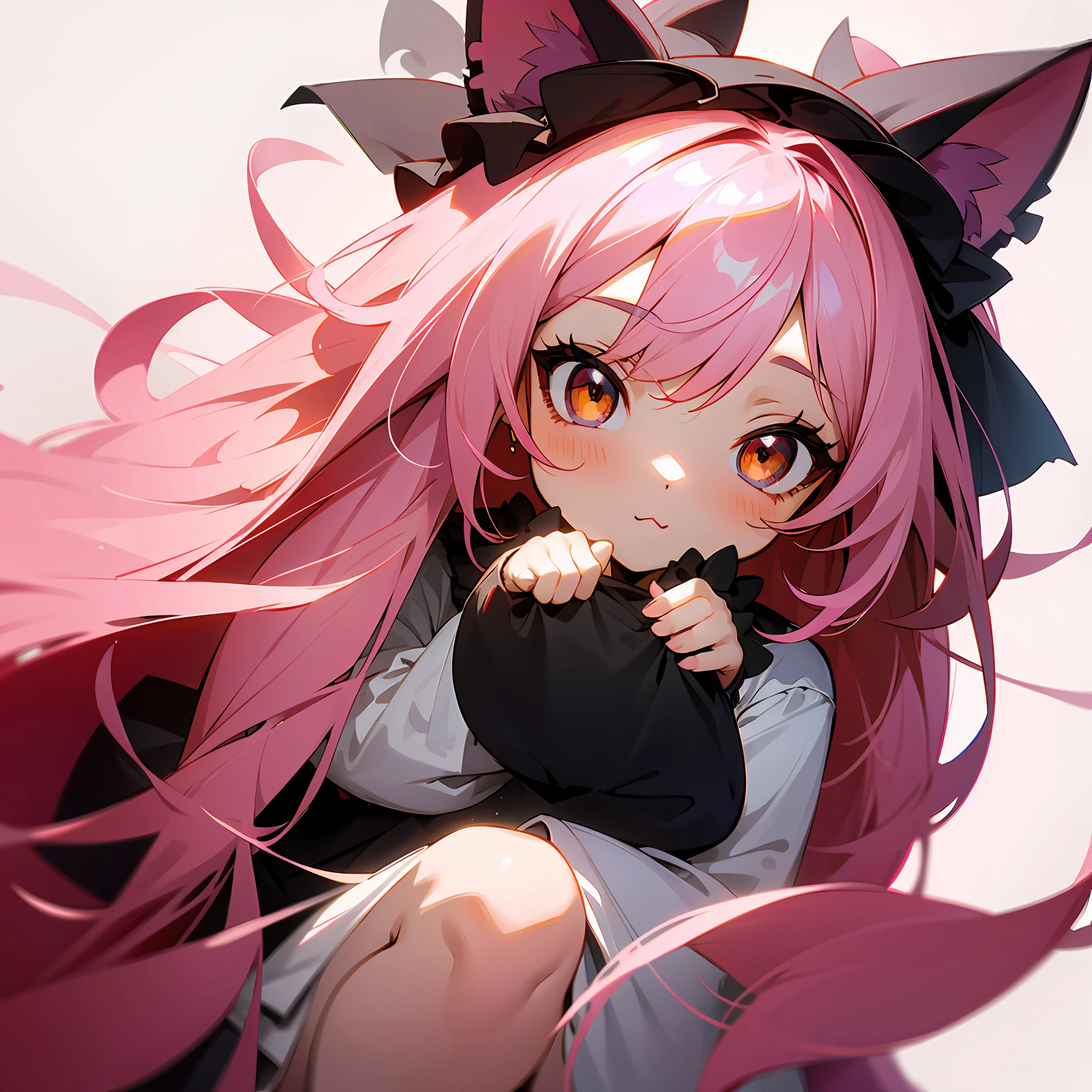 masterpiece, detailed, soft lighting, 1 girl, goth cat with long pink hair, chibi brown eyes, white background, simple background --auto