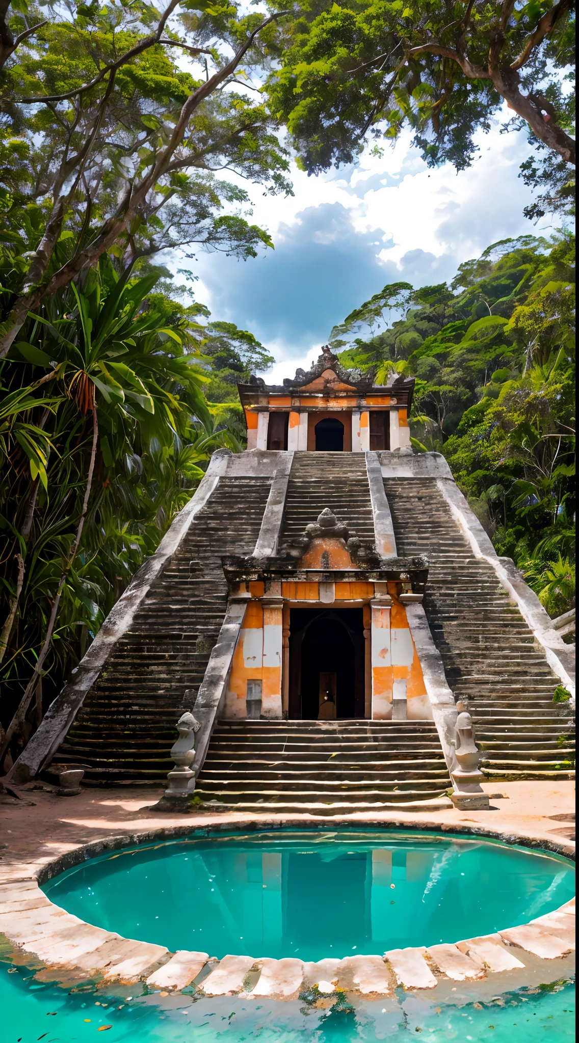 fotorrealista, ((Perfect lighting)), (Contre-Jour), (Fujifilm XT3), (camera f1.6 lentes), (volumetric illumination), (rewarded photography):Incredible pre-Hispanic old building in the middle of an intense turquoise lagoon, Temple of Quetzalcoatl, Detalles pesados, Intríncar, Lugar sagrado de la cultura antigua, in the Amazon rainforest
