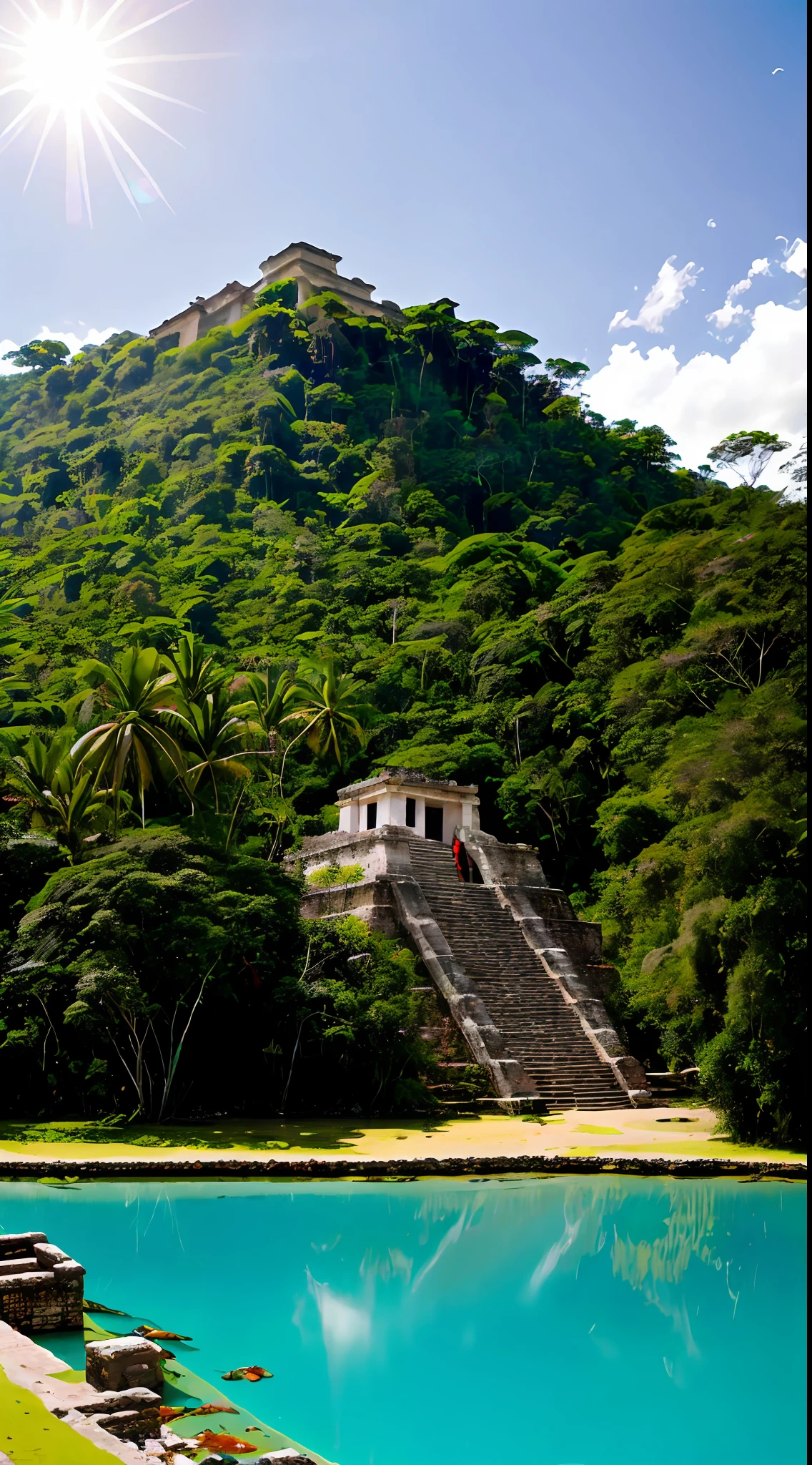 fotorrealista, ((Perfect lighting)), (Contre-Jour), (Fujifilm XT3), (camera f1.6 lentes), (volumetric illumination), (rewarded photography):Incredible pre-Hispanic old building in the middle of an intense turquoise lagoon, Temple of Quetzalcoatl, Detalles pesados, Intríncar, Lugar sagrado de la cultura antigua, in the Amazon rainforest