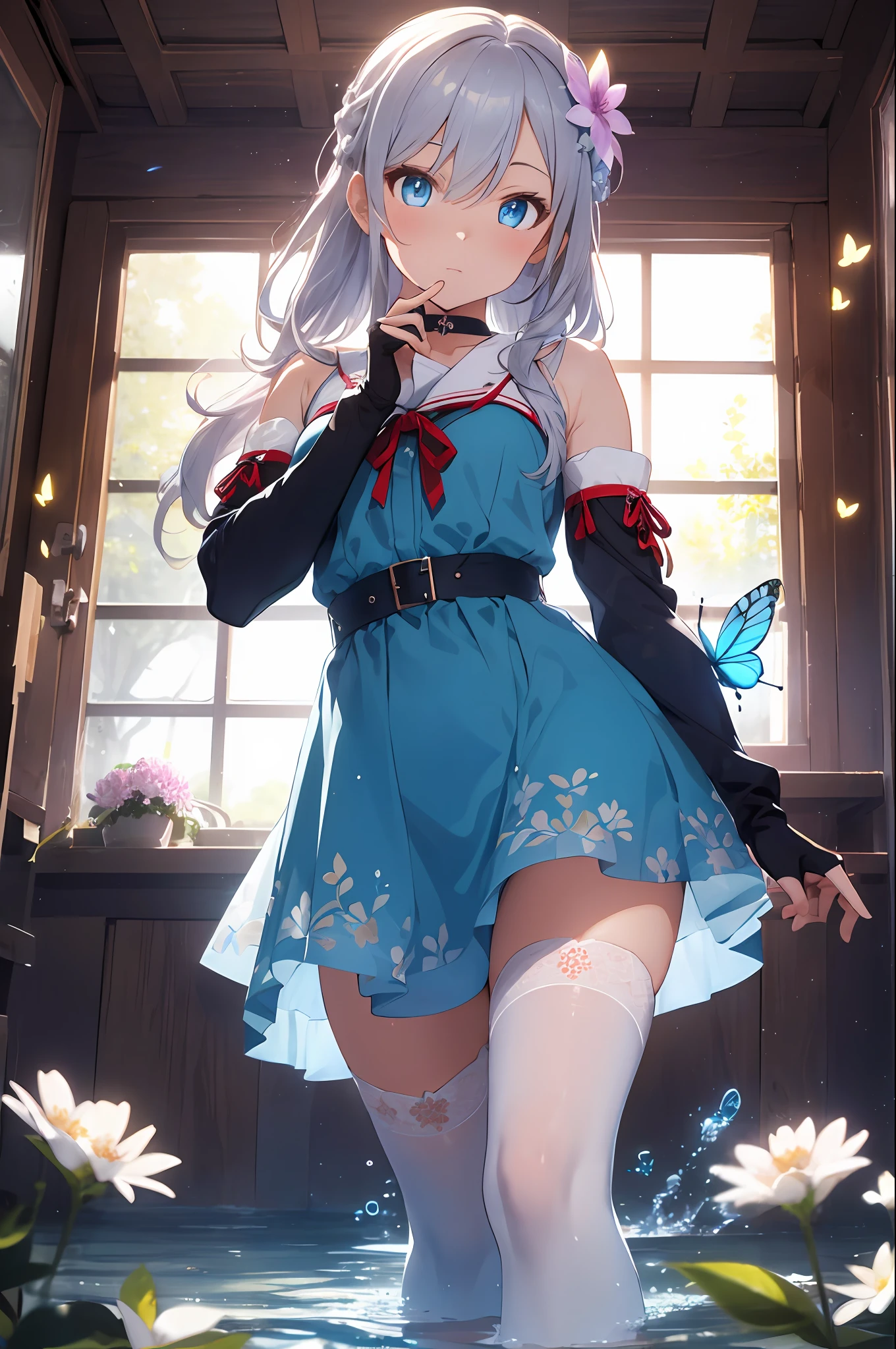 (Overhead view),dynamic angle,ultra-detailed, illustration, close-up, straight on, 1girl, (fantasy:1.4), (azure blue eyes:1.233),Her eyes shone like dreamy stars,(glowing eyes:1.233),(beautiful and detailed eyes:1.1),(Silver hair:1.14),(messy hair,very long hair,french braid,hair between eyes,sidelocks), (+(bule hair flower:1.14)),(chiffon dress,bule flower pattern in uniform)/=(military uniform:1.24),(detached sleeves,wide sleeves),(fingerless gloves),choker,(miko thighhighs),High heeled boots,(expressionless,closed mouth),(standing), (classical Princess boudoir with dressing tableand french windowin a white ancient palaces),(white flowers,bloom),(abysmal sea),(flowing water),(a dull blue world tree:1.14),(ruins),(night:1.2),dreamy,soul,(fluorescence),(flying translucent blue butterflies:1.15), [[delicate fingers and hands:0.55]::0.85],(detail fingers),(yubao:0.5),