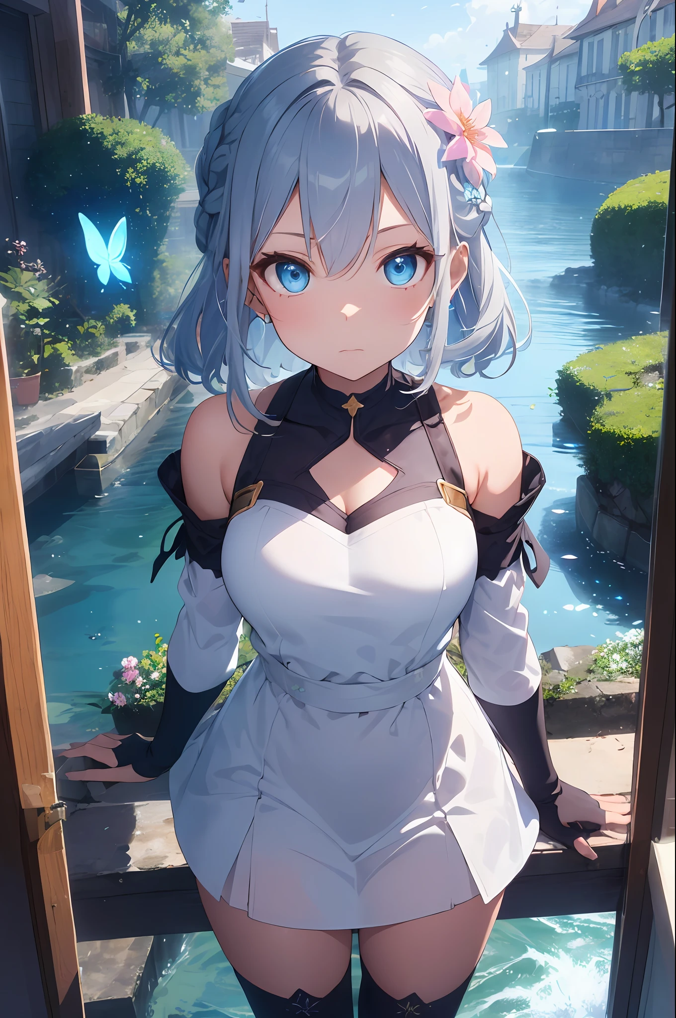 (Overhead view),dynamic angle,ultra-detailed, illustration, close-up, straight on, 1girl, (fantasy:1.4), (azure blue eyes:1.233),Her eyes shone like dreamy stars,(glowing eyes:1.233),(beautiful and detailed eyes:1.1),(Silver hair:1.14),(messy hair,very long hair,french braid,hair between eyes,sidelocks), (+(bule hair flower:1.14)),(chiffon dress,bule flower pattern in uniform)/=(military uniform:1.24),(detached sleeves,wide sleeves),(fingerless gloves),choker,(miko thighhighs),High heeled boots,(expressionless,closed mouth),(standing), (classical Princess boudoir with dressing tableand french windowin a white ancient palaces),(white flowers,bloom),(abysmal sea),(flowing water),(a dull blue world tree:1.14),(ruins),(night:1.2),dreamy,soul,(fluorescence),(flying translucent blue butterflies:1.15), [[delicate fingers and hands:0.55]::0.85],(detail fingers),(yubao:0.5),