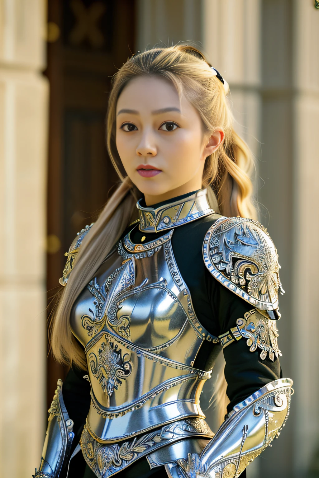 (8K, best quality:1.2), (masterpiece:1.37), (photo, photorealistic:1.37), (ultrahigh-res), full body, walking pose, shot from front, slow motion, female paladin wearing the full body, (light silver armour:1.2),(ornately decorated armor), (insanely detailed, bloom:1.5), (highest quality, Alessandro Casagrande, Greg Rutkowski, Sally Mann, concept art, 4k), (analog:1.2), (high sharpness), (detailed pupils:1.1), detailed face and eyes, Masterpiece, best quality, (highly detailed photo:1.1), (long blonde Hair, ponytail,ecstatic:1.1), (young woman:1.1), sharp, (perfect body:1.1), realistic, real shadow, 3d, (temple background:1.2), (by Michelangelo), photographed by Canan EOS R6, 135mm, 1/1250s, f/2.8, ISO 400