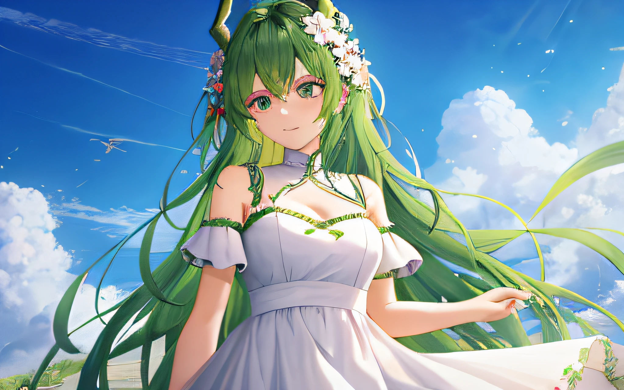 A girl with green hair, dragon horns on her head, adorned with flowers, wearing a long white dress.There are fresh flowers on the white dress.