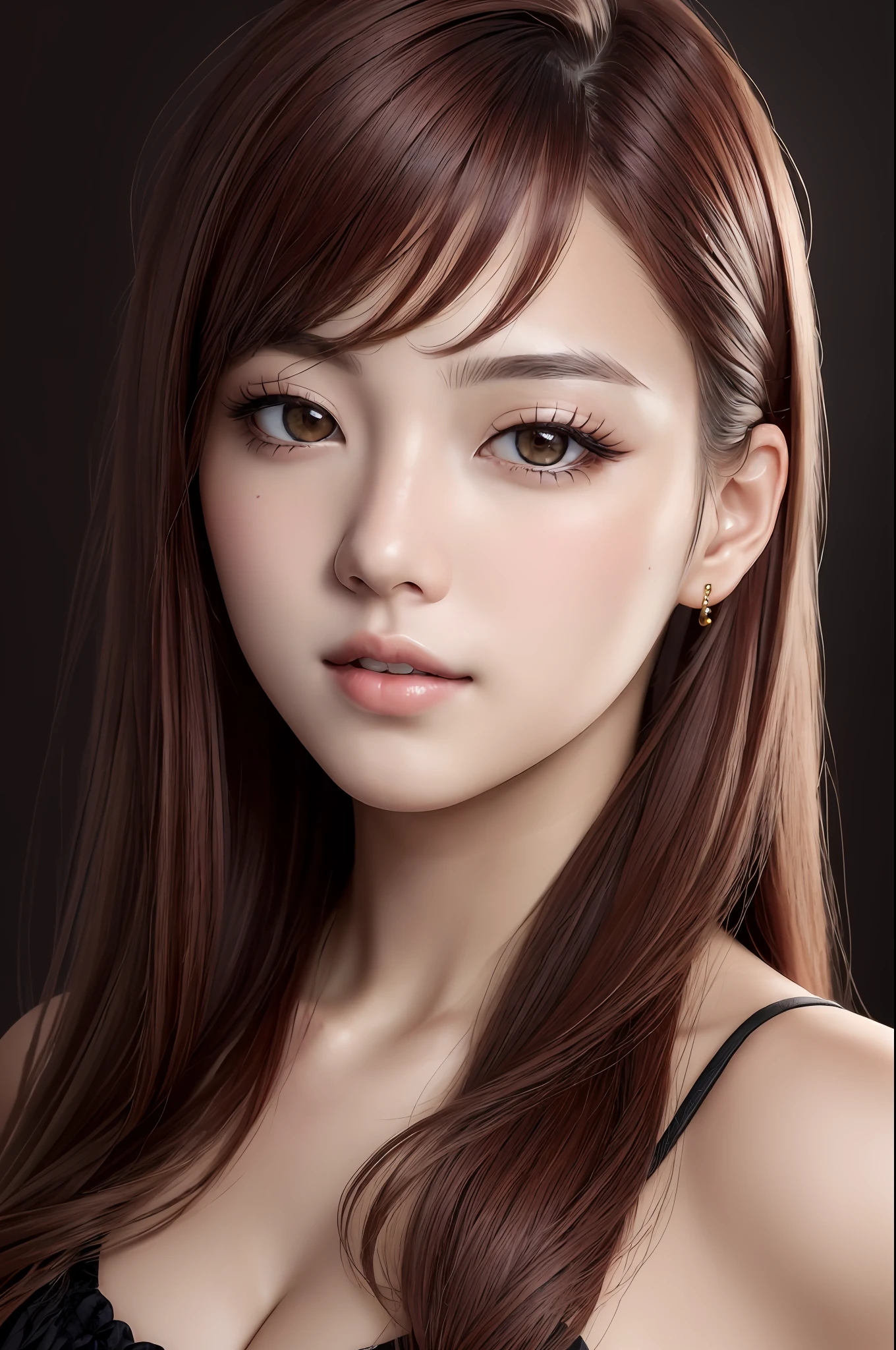absurdres, 1girl, star eye, blush, (realistic:1.5), (masterpiece, Extremely detailed CG unity 8k wallpaper, best quality, highres:1.2), (ultra_detailed, UHD:1.2), (pixiv:1.3), perfect illumination, distinct, (bishoujo:1.2), looking at viewer, unreal engine, sidelighting, perfect face, detailed face, beautiful eyes, pretty face, (bright skin:1.3), idol, (abs), ulzzang-6500-v1.1, soft smile, upper body, (dark red hair), (simple background), ((dark background)), (depth of field), close-up, selfie