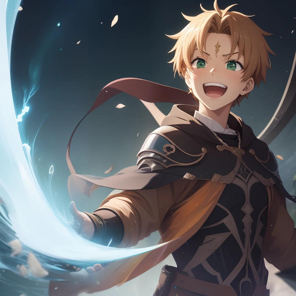 (((Rudeus))),((Obra-prima do anime))), --1 boy --laughing --Concentrating --Blue green magic --vortex --Particles --(sentado), --ambiente de fantasia,