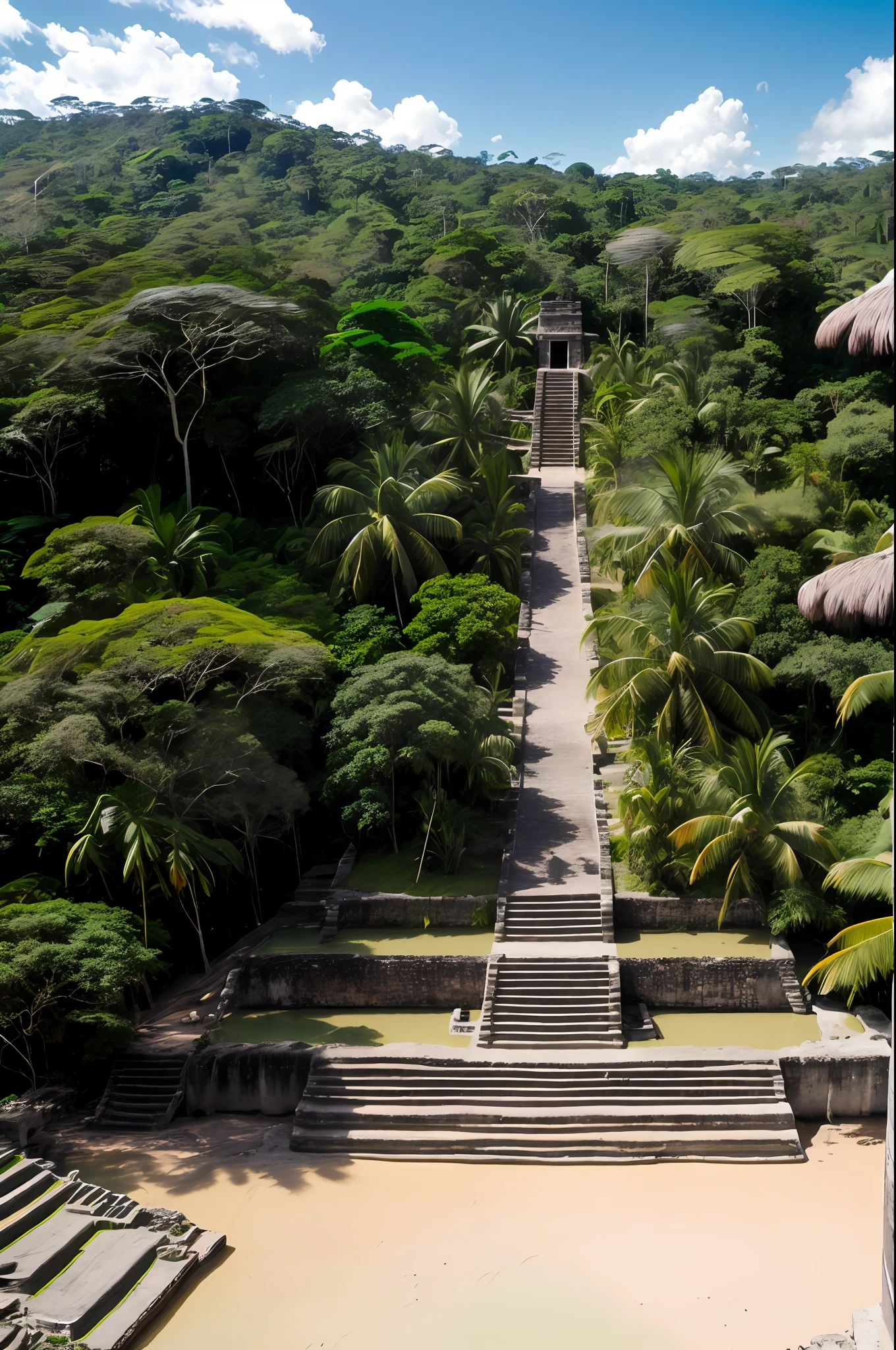 Masterpiece, vista panoramica, fotorrealista, ((Perfect lighting)), (Contre-Jour), (Fujifilm XT3), (camera f1.6 lentes), (volumetric illumination), (rewarded photography):Incredible pre-Hispanic old building in the middle of an immense turquoise blue lagoon, Temple of Quetzalcoatl, extremadamente detallado, abandonado, Intríncar, Lugar sagrado de la cultura antigua azteca, Hidden In the Amazon Rainforest,