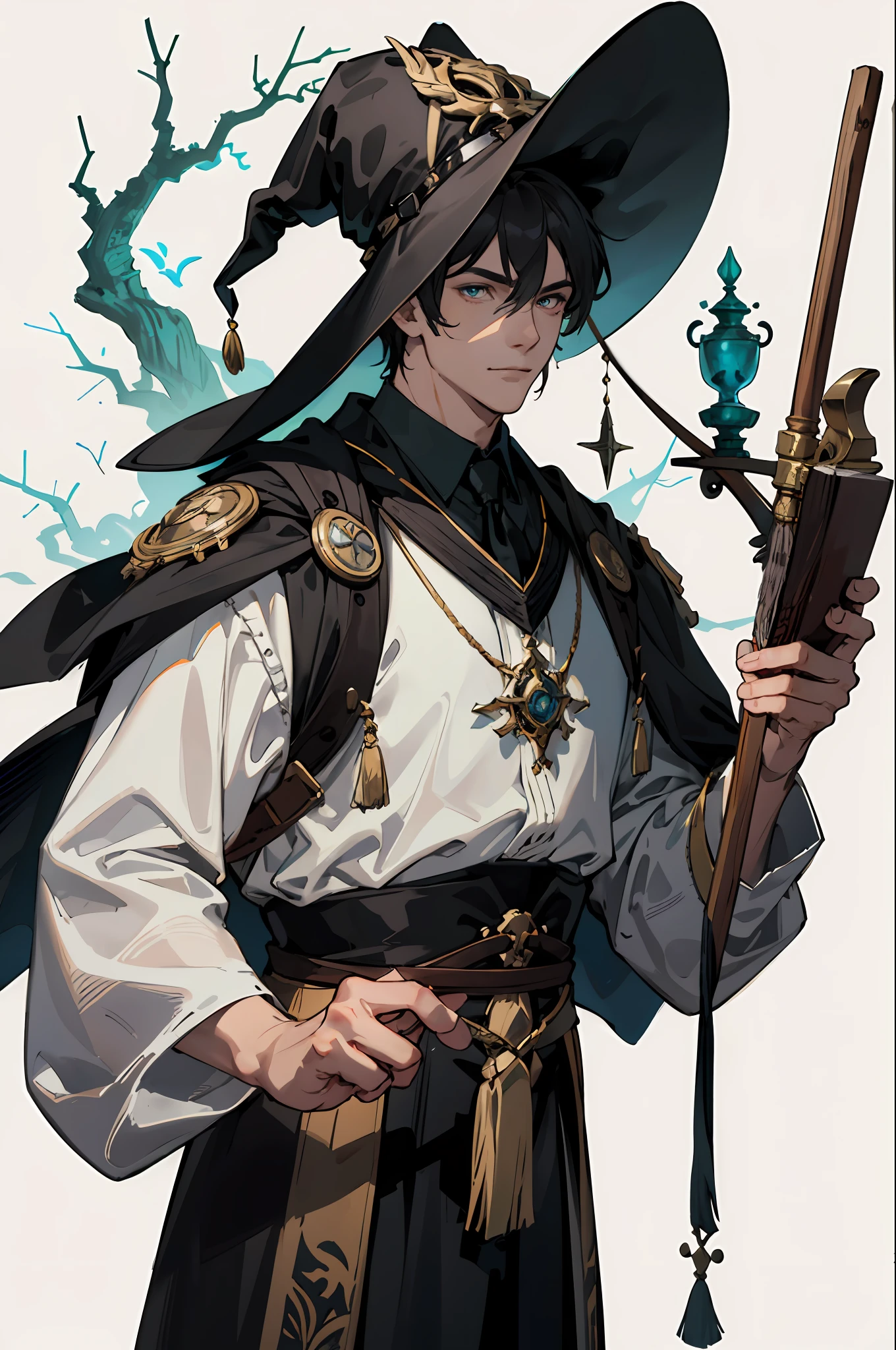masterpiece, best quality, 1 male, adult, tall muscular, handsome, finely detailed eyes, intricate details, wizard, black hat with a pointed brim, broomstick with a carved handle, spellbook with a variety of spells, potion bottles with various ingredients, enchanted forest with a hidden wizard hut