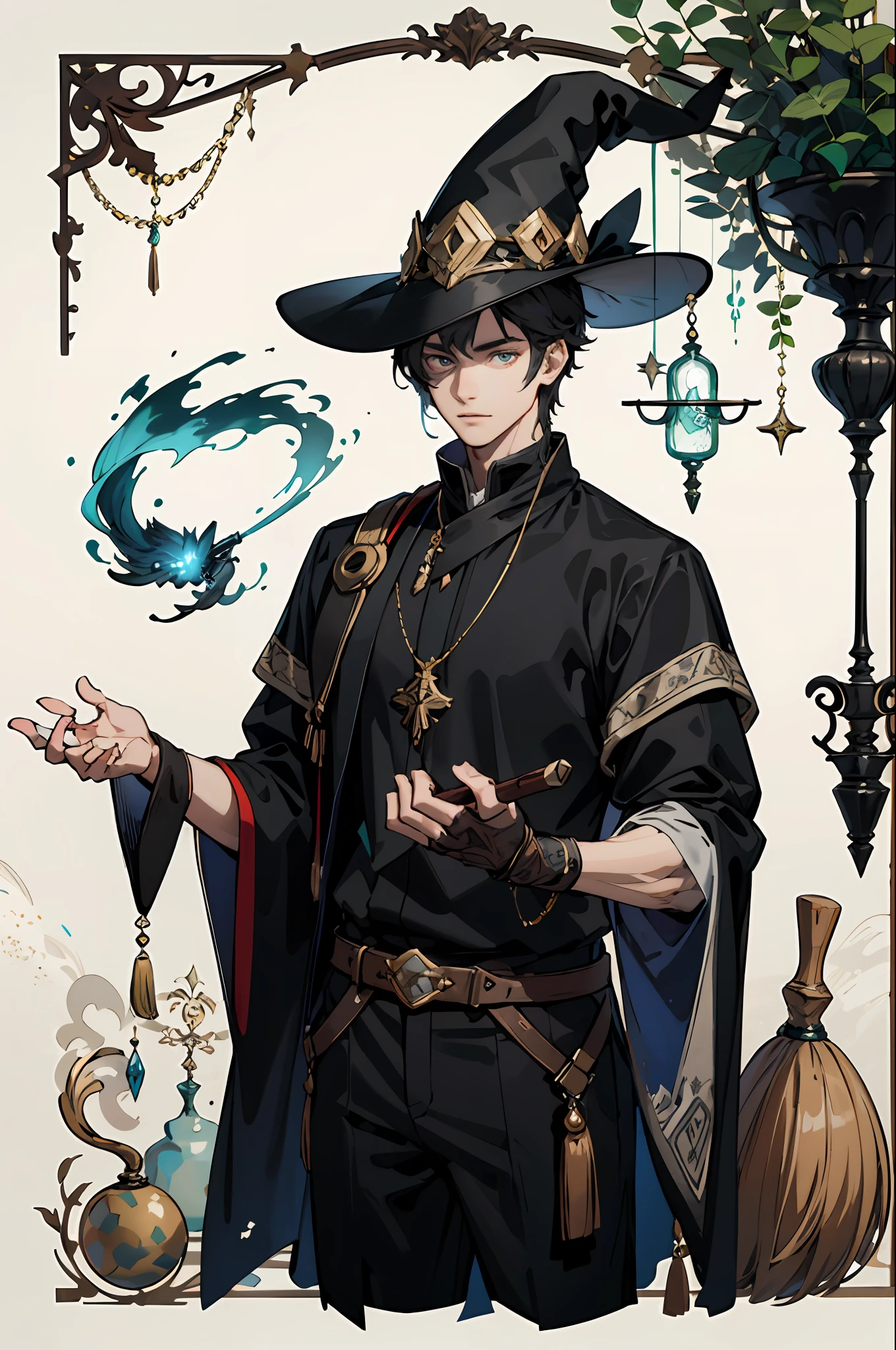 masterpiece, best quality, 1 male, adult, tall muscular, handsome, finely detailed eyes, intricate details, wizard, black hat with a pointed brim, broomstick with a carved handle, spellbook with a variety of spells, potion bottles with various ingredients, enchanted forest with a hidden wizard hut
