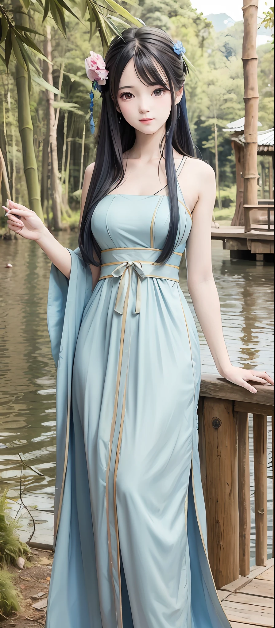 Masterpiece, Best Quality, Official Art, 8k Wallpaper, Very Detailed, Illustration, 1 Girl, Sky Blue Hair, Long Hair, Detailed Eyes, Forrest Gump, Bare Shoulders, Hanfu, Lake, Pure, Soft Smile, bamboo, tea