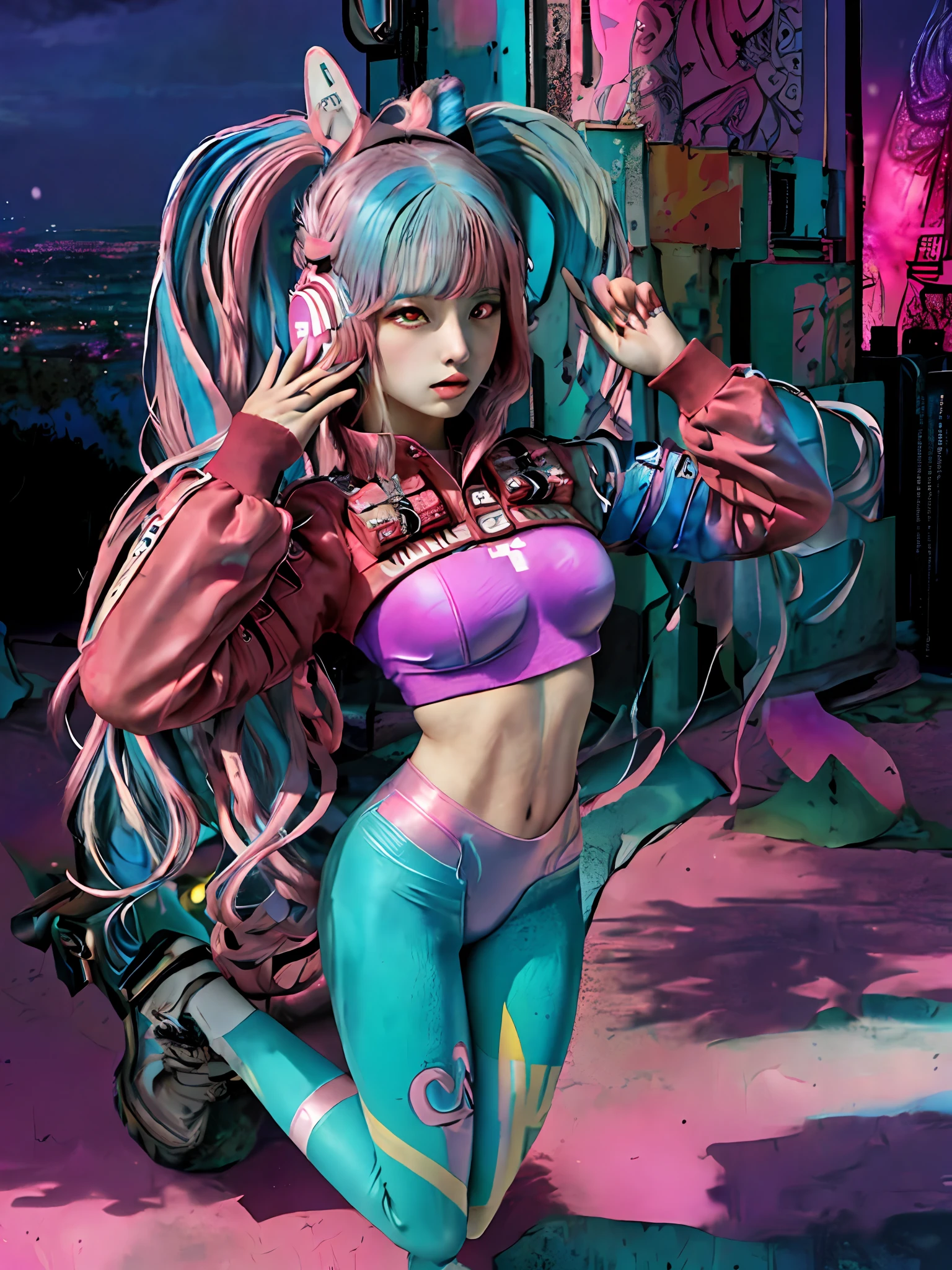 (masterpiece, top quality, best quality, official art, beautiful and aesthetic:1.2),(1girl:1.4),full body,([pink|blue] hair:1.5),extreme detailed,(fractal art:1.3),(colorful:1.5),highest detailed, (full body), pink tight clothes, crop top jacket, hands up, (bound hairstyles), pink cat headphones, pink eyes, (deserted city scape),