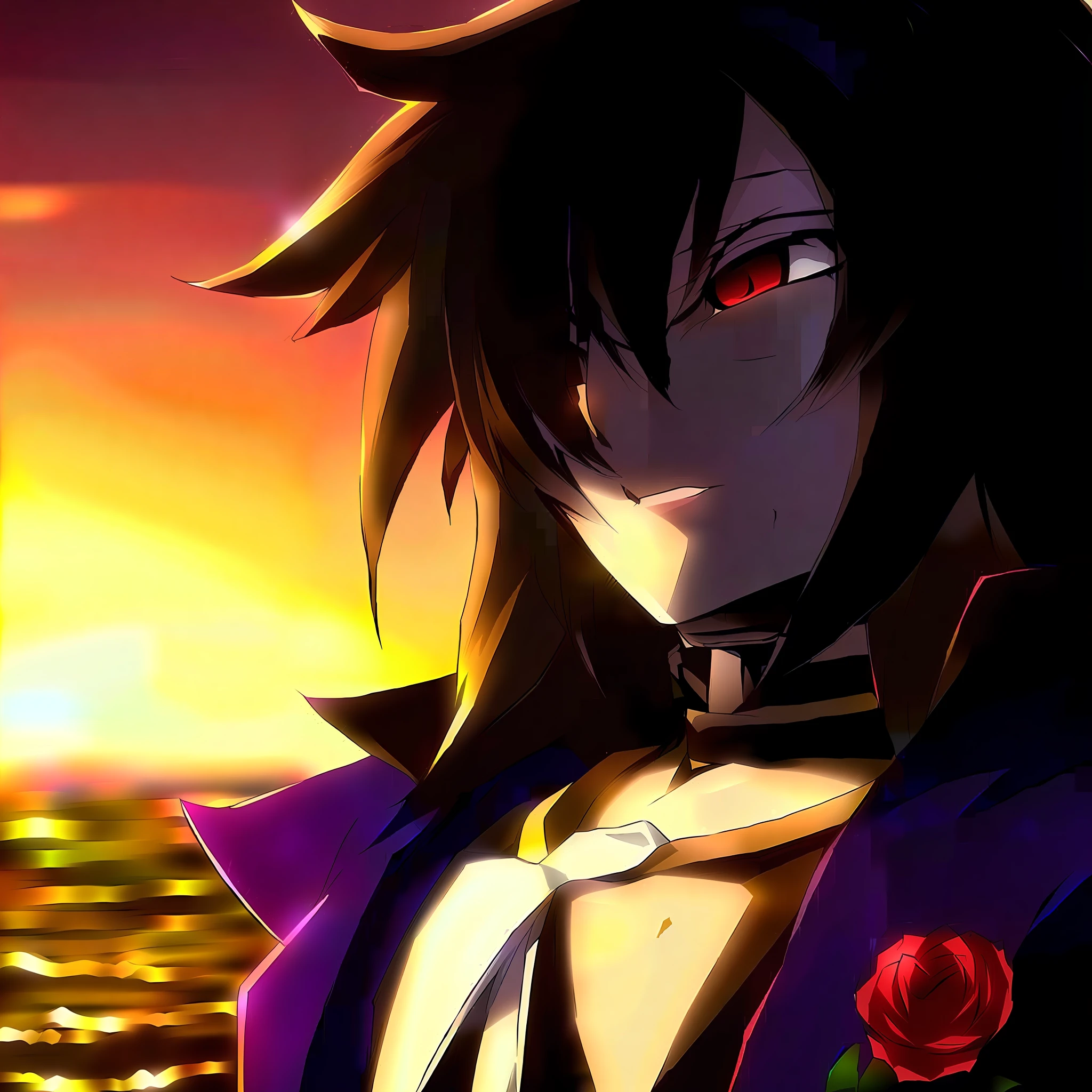 shokugeki no souma, Rindou Kobayashi ,high resolution, black hair, long hair, solo, 1 man, detailed eyes, ((red eyes)) Kris Deltarune, detailed perfect body, sundown scene, detailed shadows, shade, gorgeous, masterpiece, full HD wallpaper, ultra detailed textures and pixels, ultra detailed face, trending on pinterest, high quality, by ufotable, perfect ultra detailed anime art by professionals artists