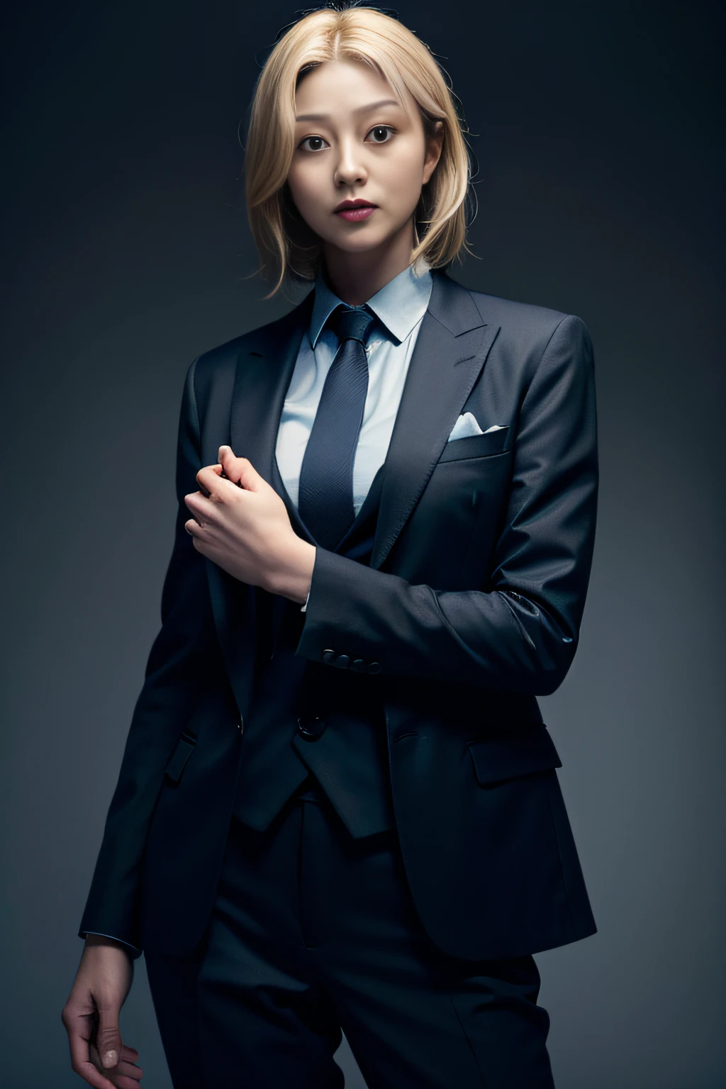 Best quality, masterpiece, ultra high res, (photorealistic:1.4), raw photo, 1girl, blonde hair, blue eyes, detailed eyes and face, black suit, dynamic lighting, in the dark, deep shadow, low key, cowboy shot full-lenght body
