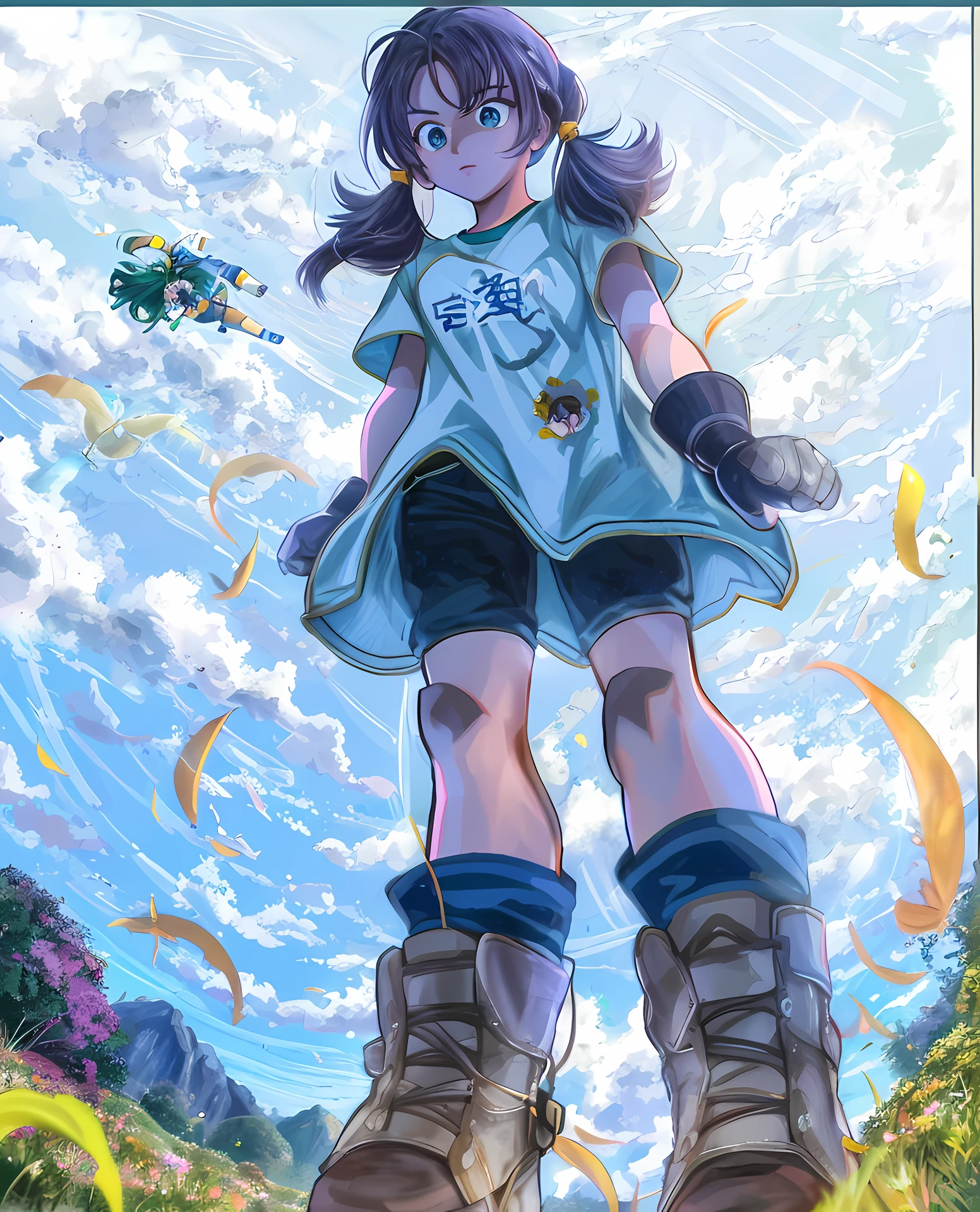 Garota anime em t-shirt branca e botas verdes voando em um campo verde e vivido e cabelo preto , The girl from the anime is flying, Caudas duplas , cabelo preto e olhos escuros , Goku flying in the sky , Motor Unreal 5 , olhar de concentrada , concentrando - se