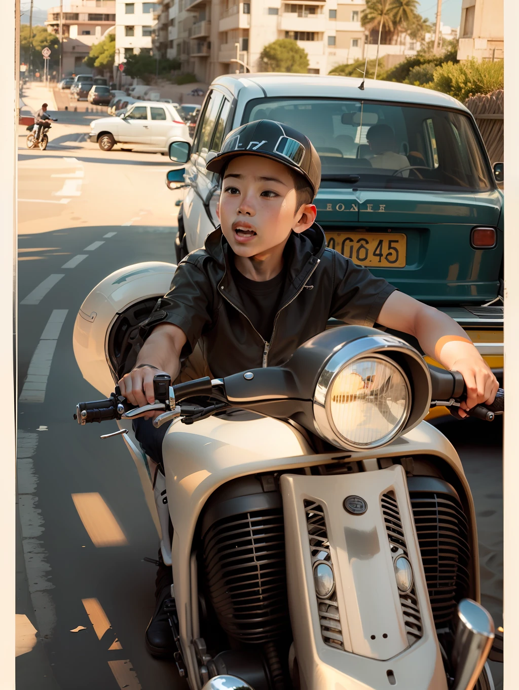 A boy riding a motorcycle in front of the beach