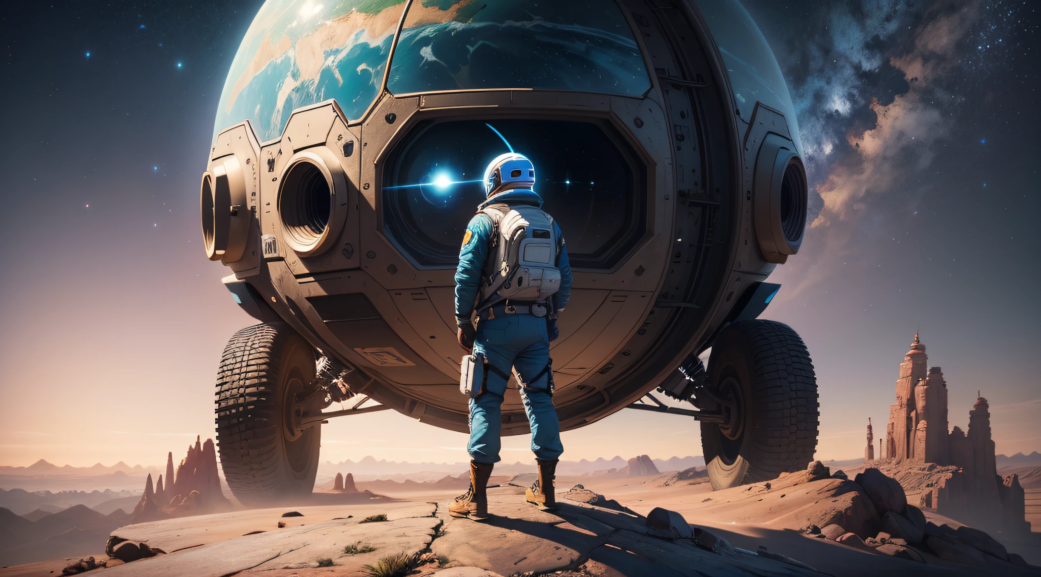 a man in a space suit standing on a rock looking at a planet, 3 d render bipe, Beeple e Tim Hildebrandt, Artgem e Beeple Masterpiece, inspirado em Beeple, arte do bipe, realismo | bipe, Astronauta encalhado no planeta, Estilo Beeple, em estilo de bipe --auto