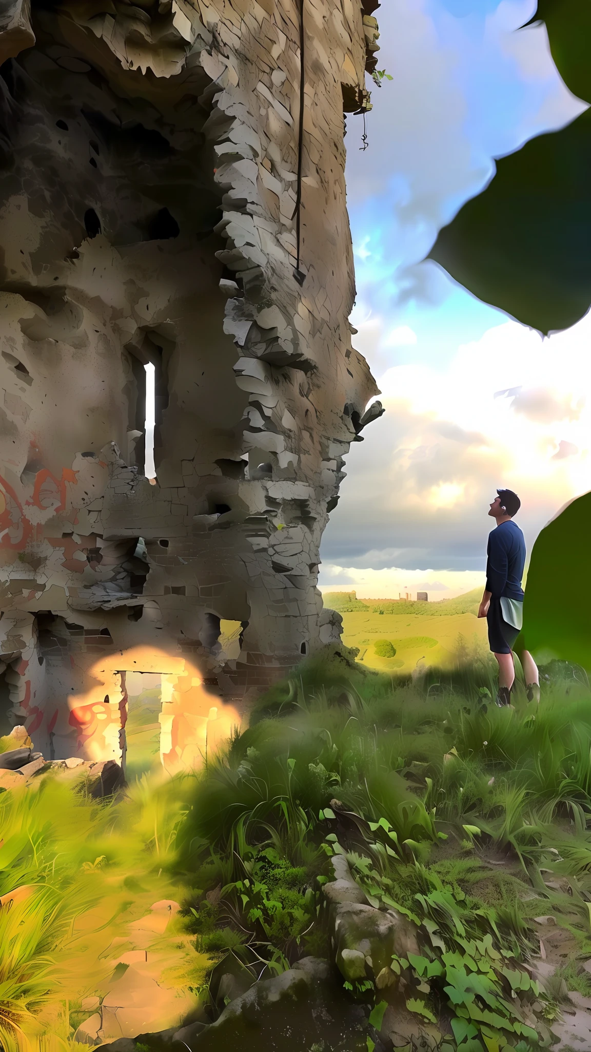 arafed man standing in front of a stone building with graffiti on it, standing in ruins, ruins in the background, at the stone ruins, walking in a castle, standing near a castle, standing before ancient ruins, in front of a ruined city, examining ruins, big castle ruin, ruin, castle ruins, exploring abandoned city, overgrown ruins, video still arafed image of a man standing in front of a giant, shadow of the colossus, stone colossus remains, big titan creature in the castle, colossus, avatar image, protagonist in foreground, video game,the last guardian game cg, animesque, from software game, fromsoftware