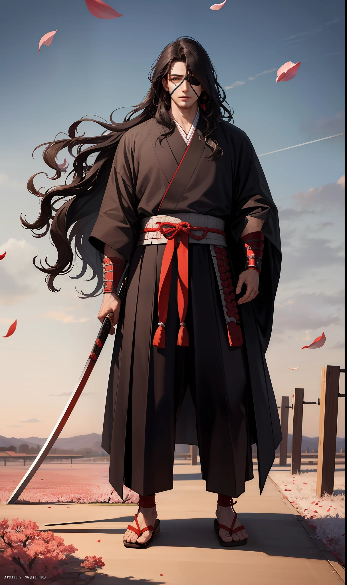 masterpiece, high quality, best quality, beautiful, hd, realistic, perfect lighting, detailed face, detailed body, (1 man), european man, young man, black long hair, wavy hair, black eye patch, scratches on face, (red samurai clothes), samurai, standing, wind, (sakura),sakura petals, (brutal), courageous, full body