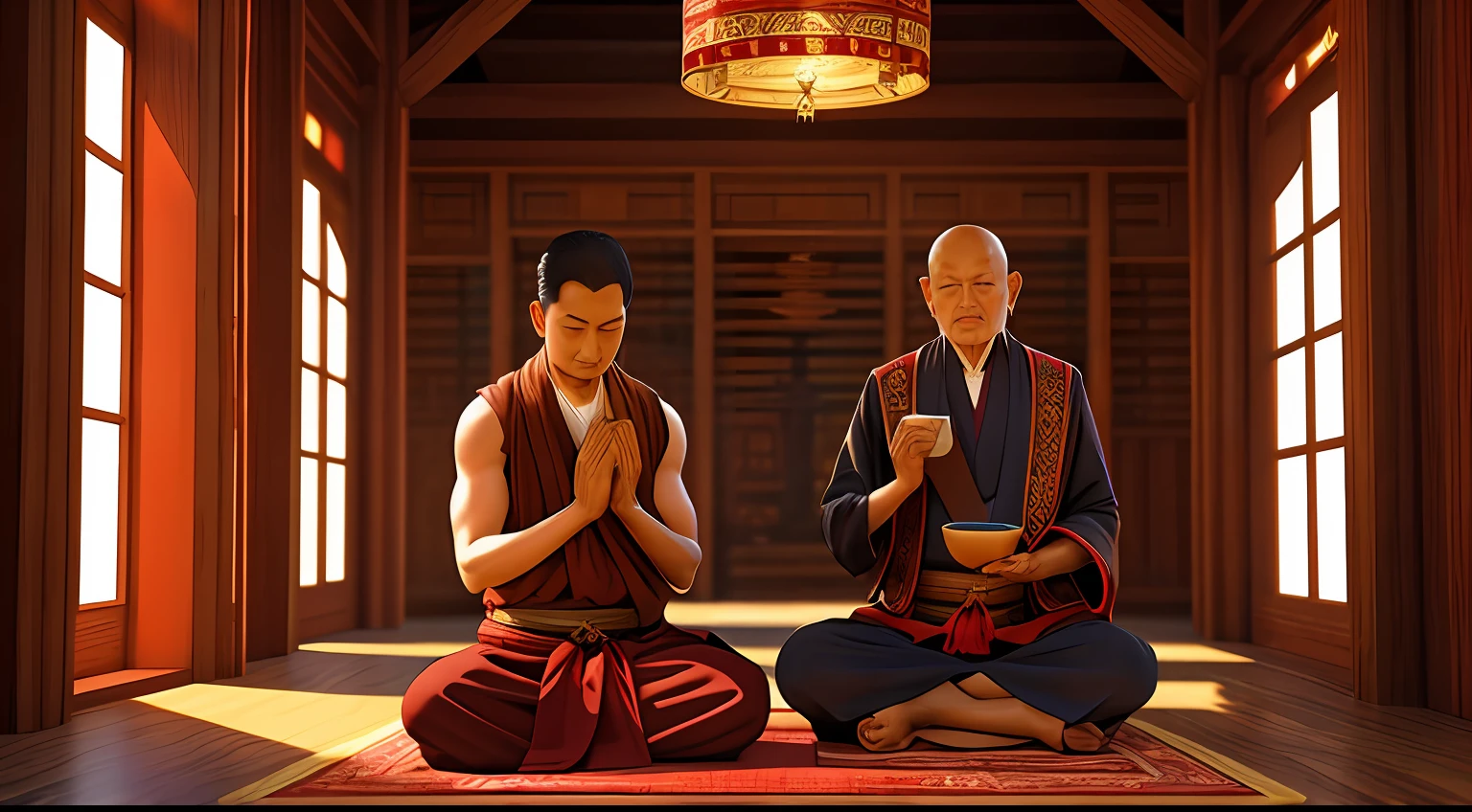 old monk and his tibetan disciple in their temple praying, realistic photo,3d rendering --auto
