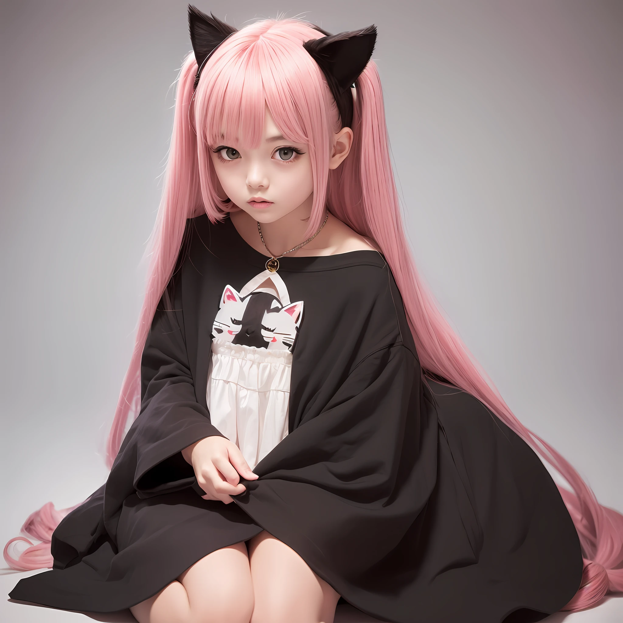 masterpiece, detailed, soft lighting, 1 girl , lolita cat with long pink hair, chibi style , brown eyes, full body , black skin tone, dark skin tone, white background, simple background --auto